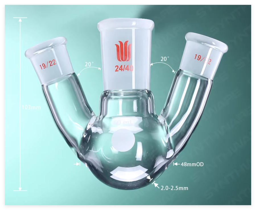 Synthware 3 WAY NECK-FLASK round flask 50ml main joint side jo 14/20 19/22 24/40