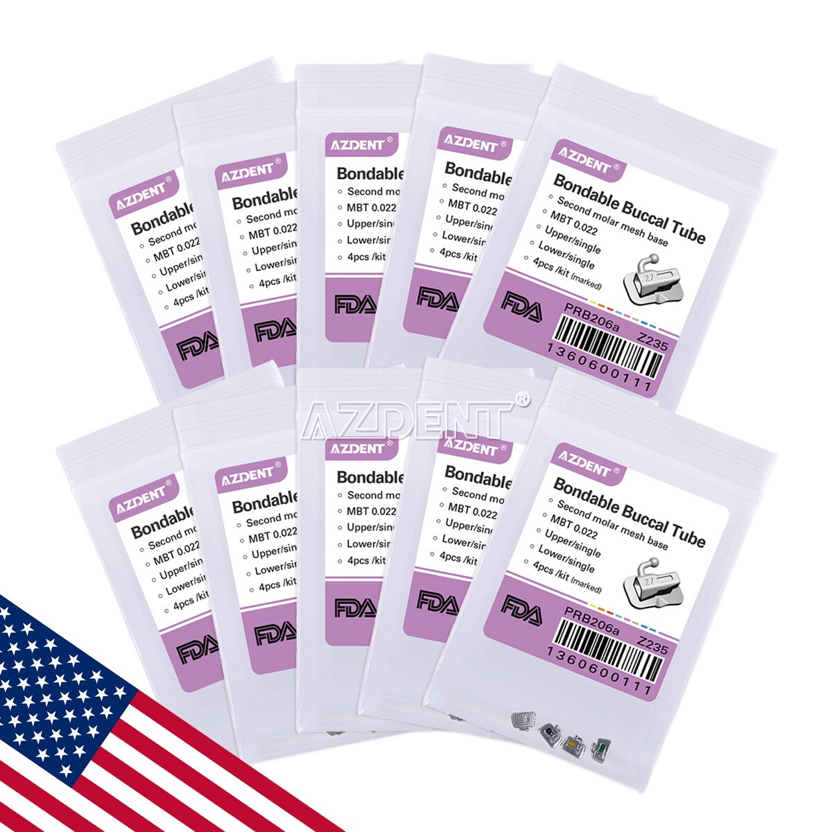10 Kits Dental Orthodontic 2nd Molar MBT.022 Bondable Buccal Tubes AZDENT USA