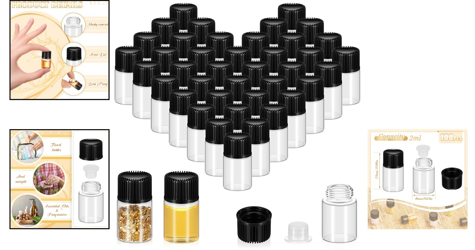 2ml Clear Small Glass Vials 100pcs with Screw Caps(100pcs) 100pcs,
