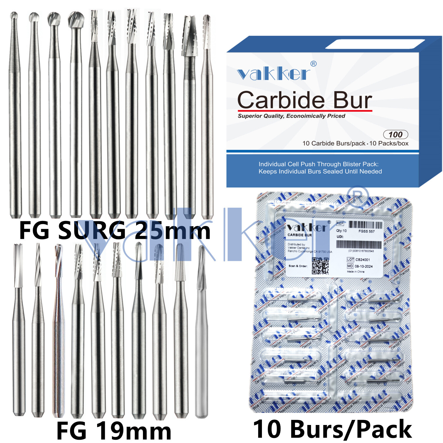 10/Pk Dental Carbide Burs Friction Grip Pear Round FG 19mm FG SURG 25mm Surgical