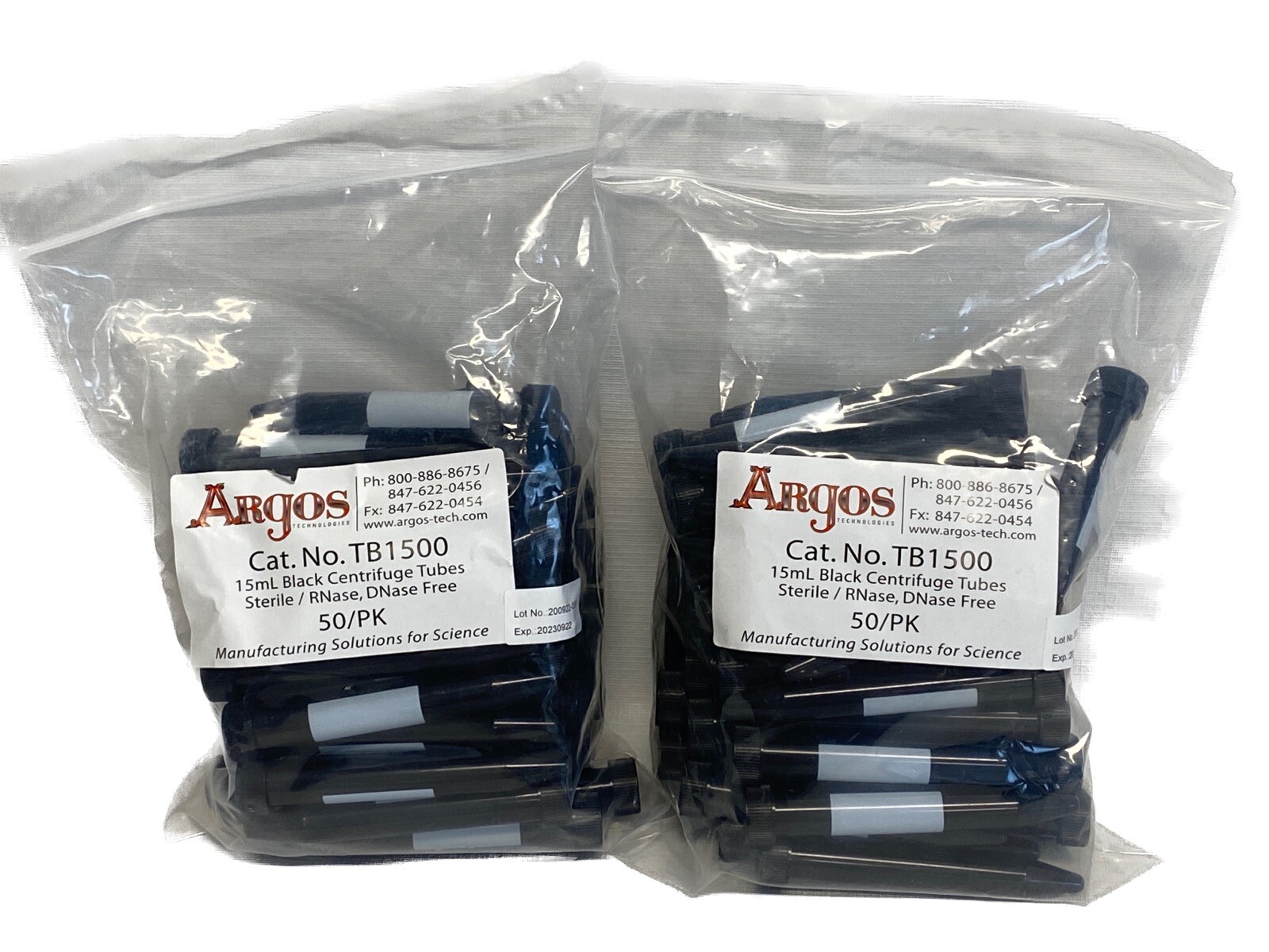 (100) ARGOS 15mL Black Centrifuge Tubes w/Screw Caps Marking Spot TB1500