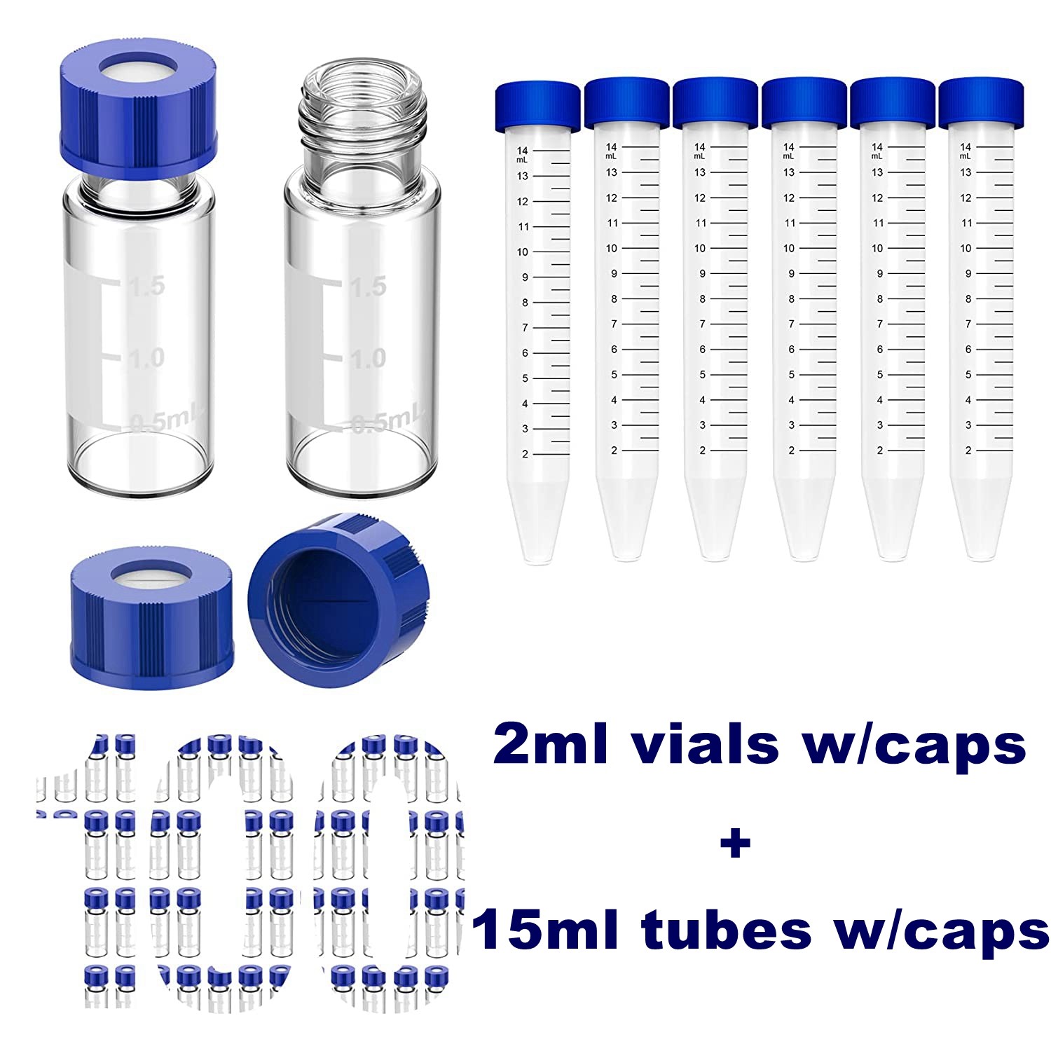 MS@ 15mL Centrifuge Tubes, 2mL Autosampler Sample Vials, Screw Caps, Graduation