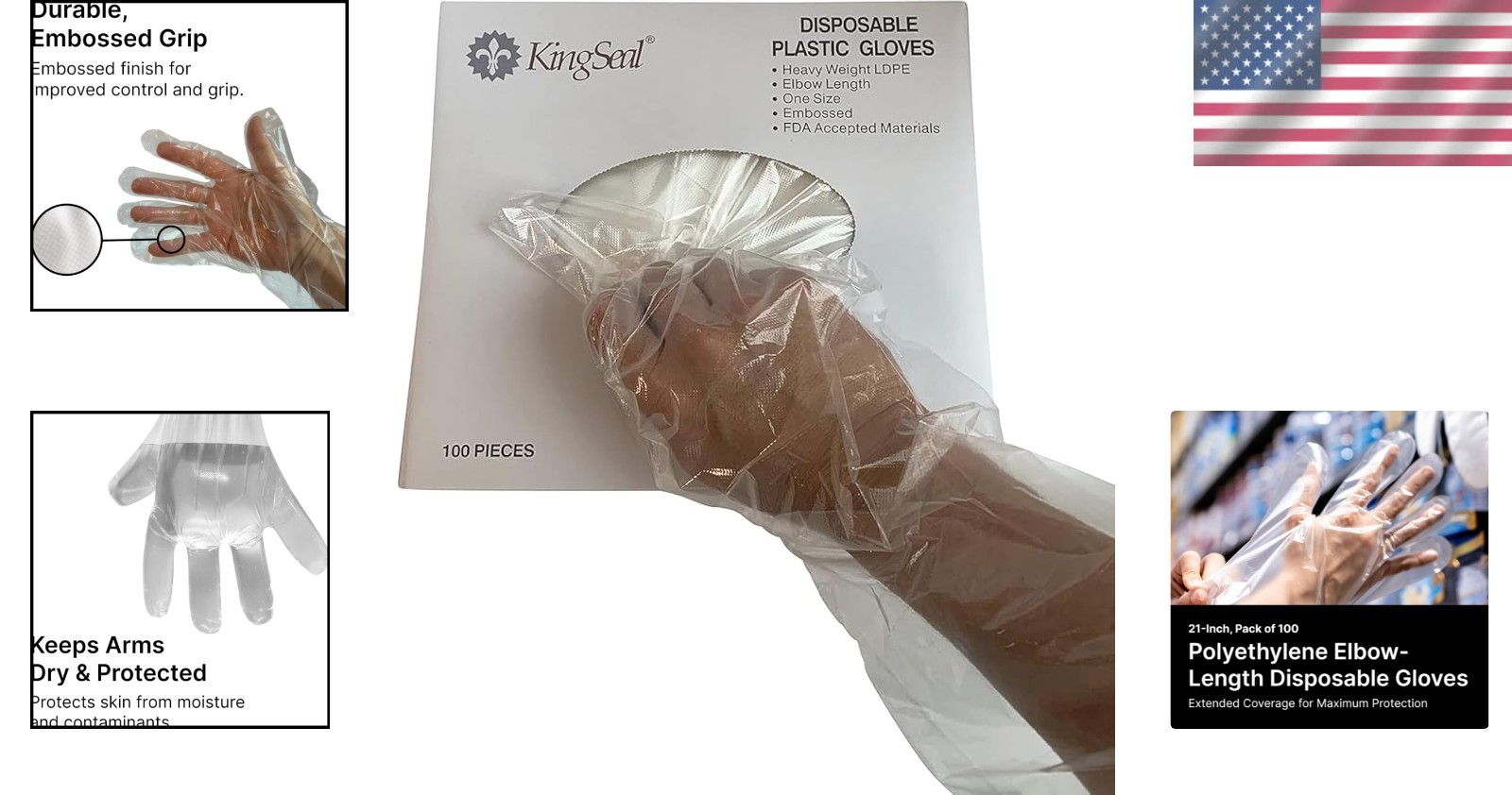 21-Inch Elbow Length Disposable Poly Gloves – Bulk Pack of 100, Embossed Grip