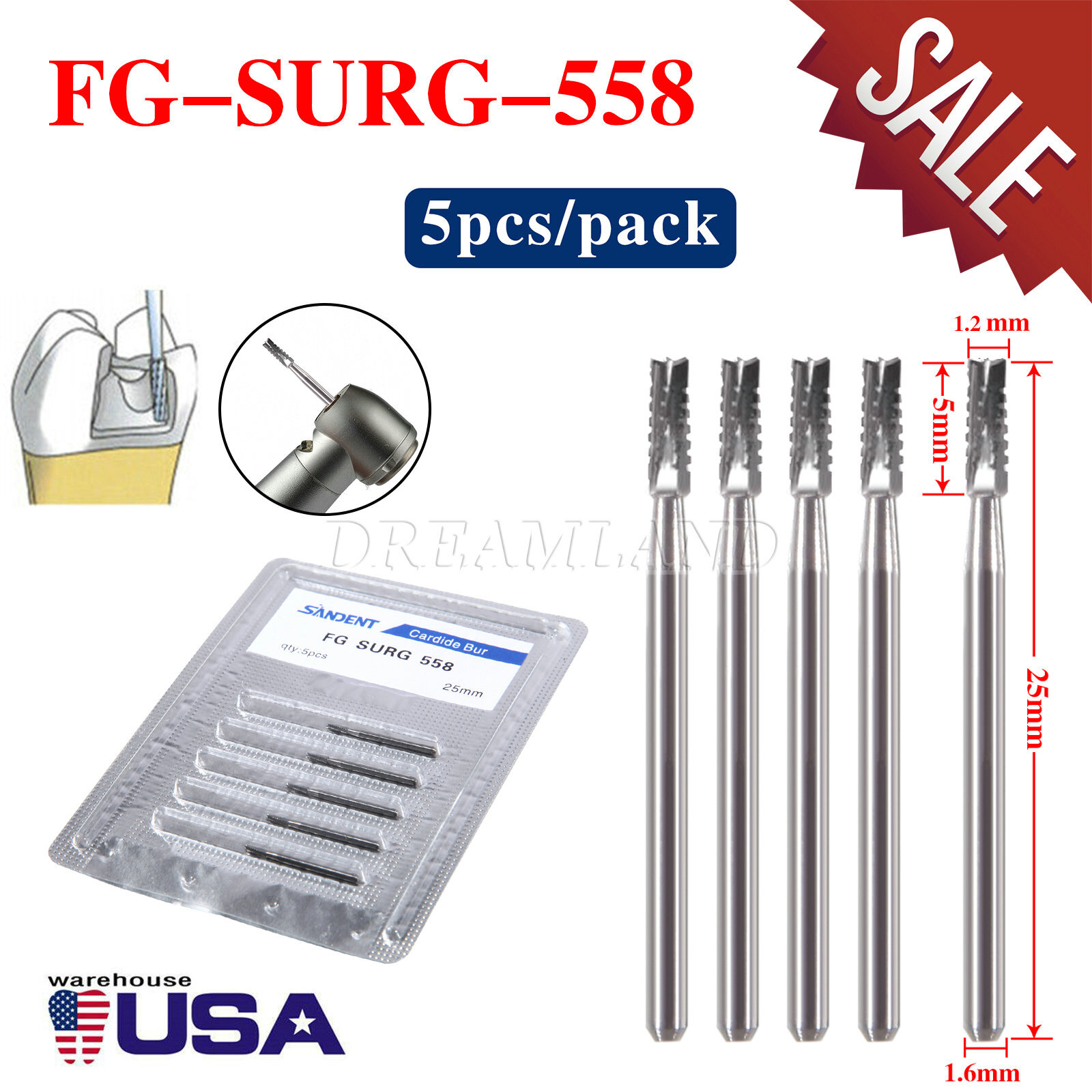 5pcs/pack Dental Carbide Burs Bits High Speed FG558 Ø1.2mm 6 Blades Fissure