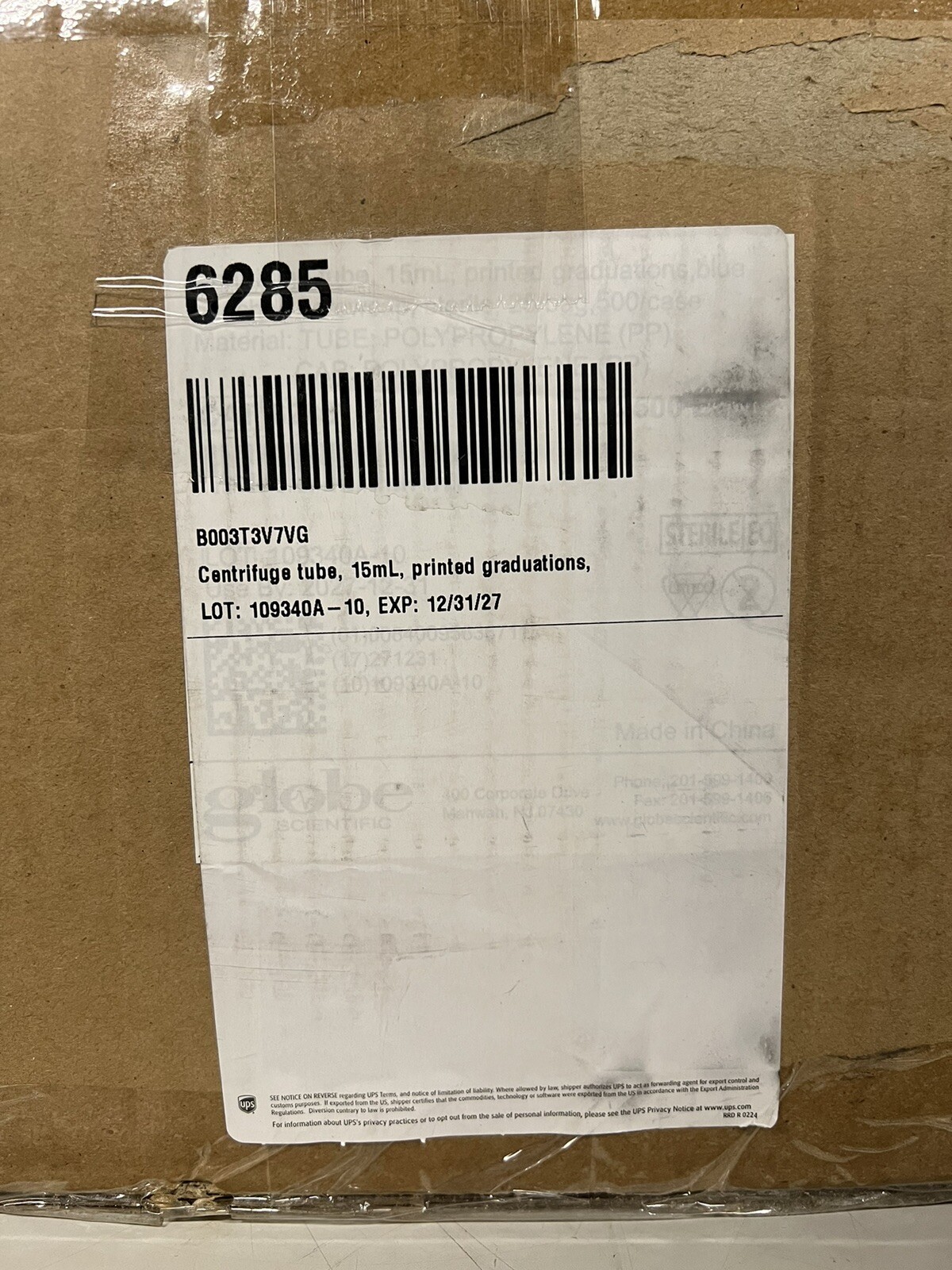 Globe Scientific 6285 Polypropylene Centrifuge Tube Sterile Top Screw Cap 500 Pc