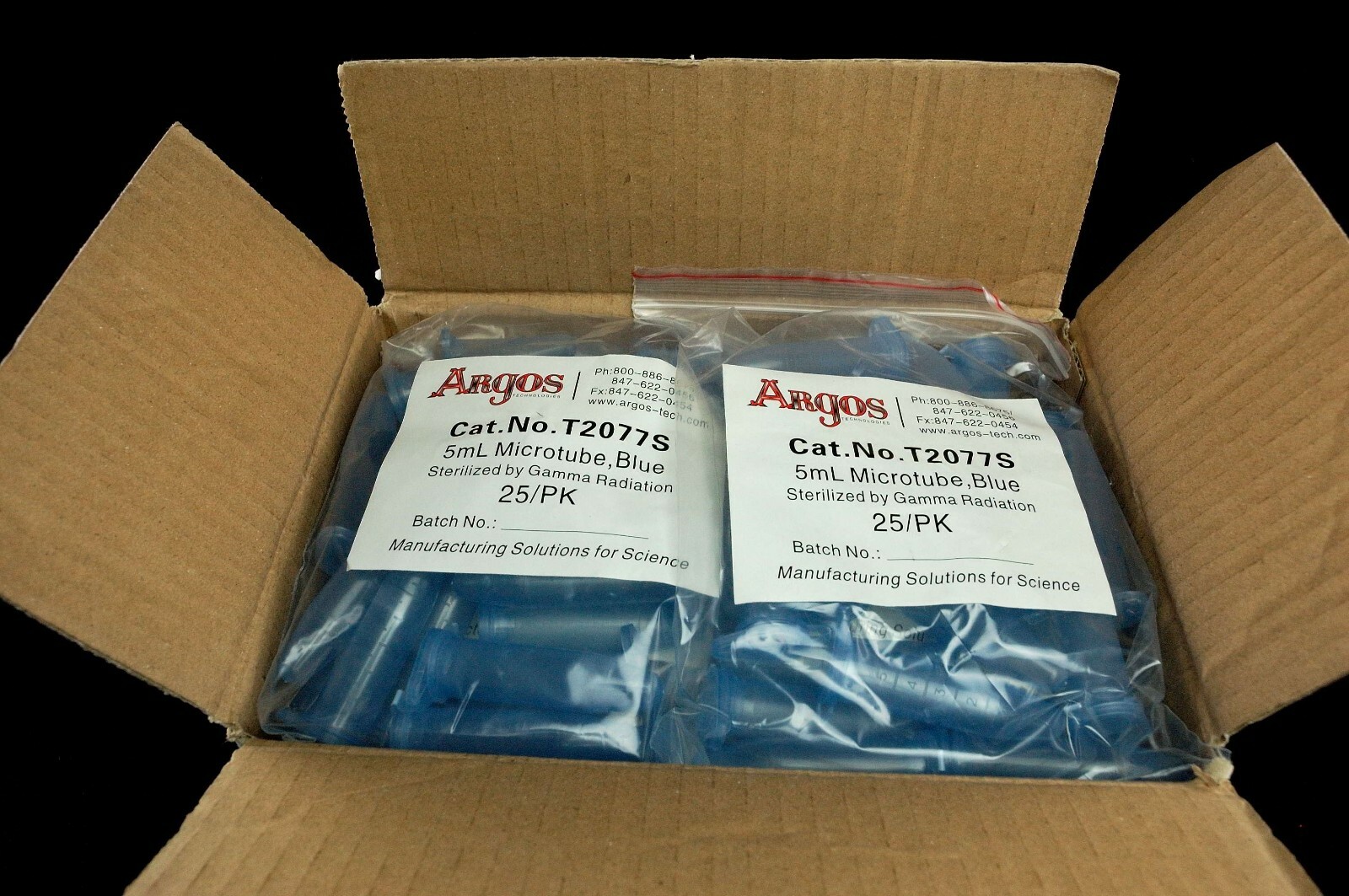 Argos 5 ml Microtubes, Graduated, Blue, Sterilized 250/pkg (Cat # T2077S-C)