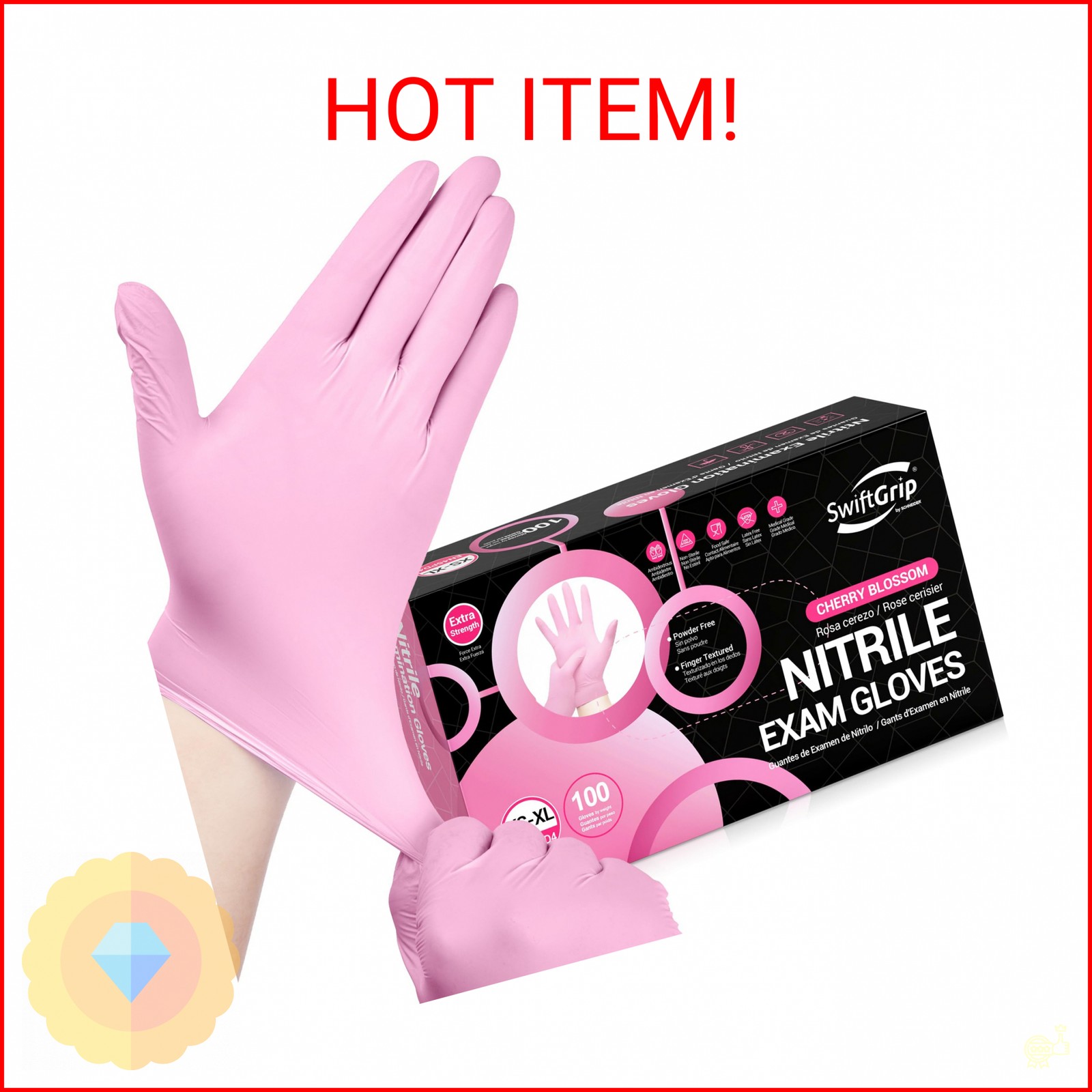 SwiftGrip Nitrile Exam Gloves, 4 Mil, Medium, Cherry Blossom, Food Safe Gloves D