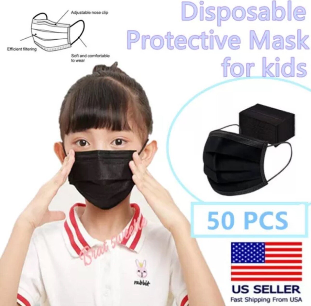 [50 Pcs]For Kids Children Black 3-Ply Disposable Face Mask Earloop Mouth Cover