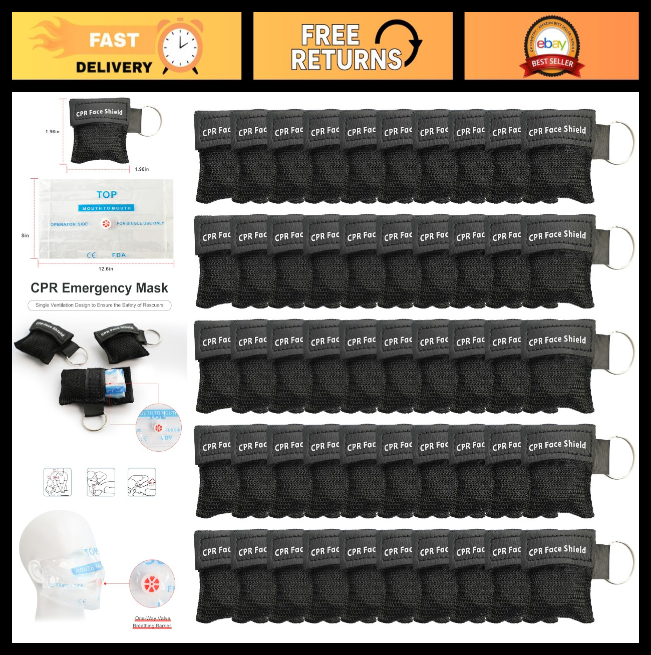 50pcs CPR Face Shield Pocket Mask Keychain with One-Way Valve Breathing Barrier