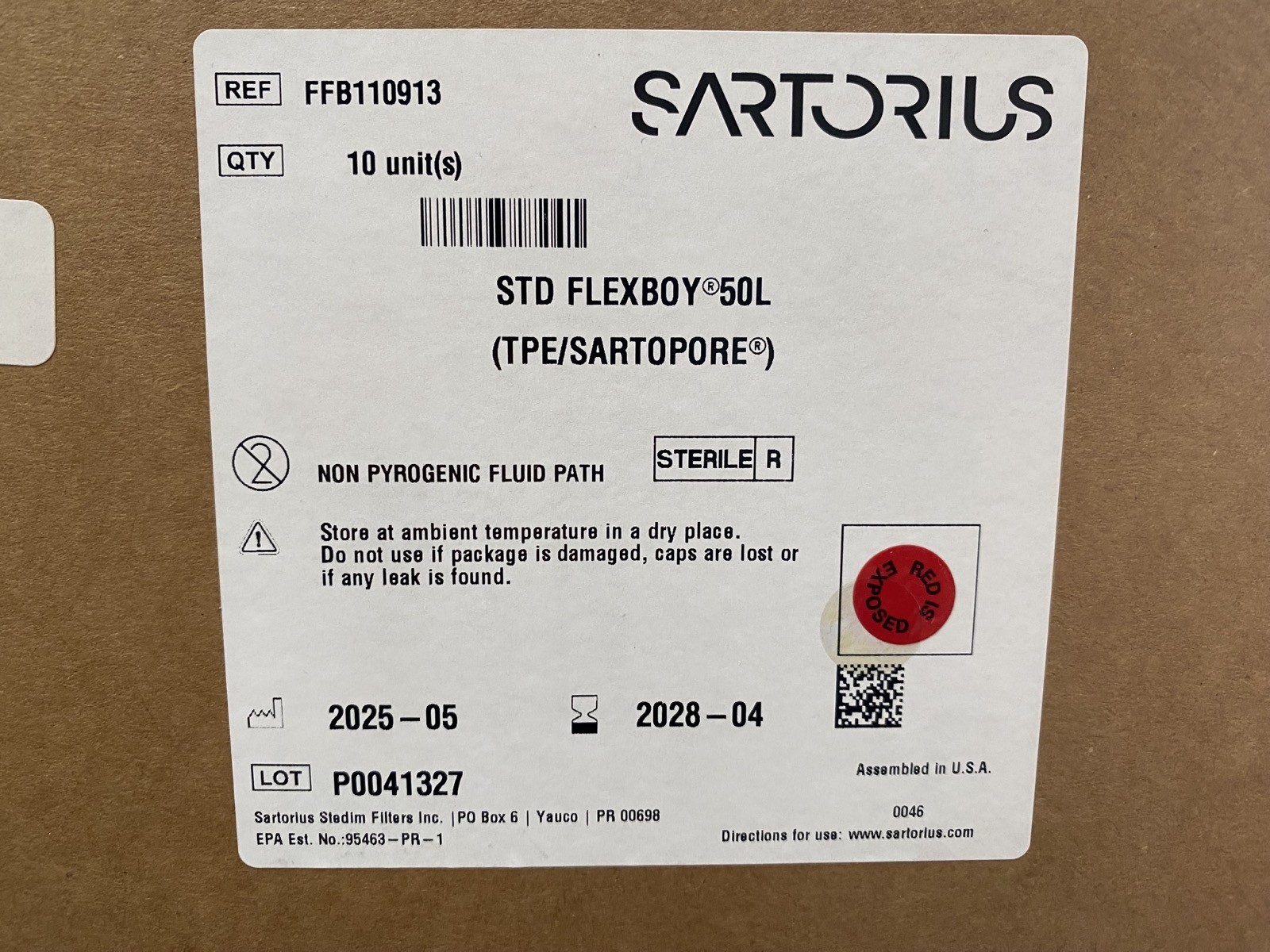 SARTORIUS 50L Sterile STD 2D Sartopore 2 TPE Flexboy Bags FFB110913 (10/Box)