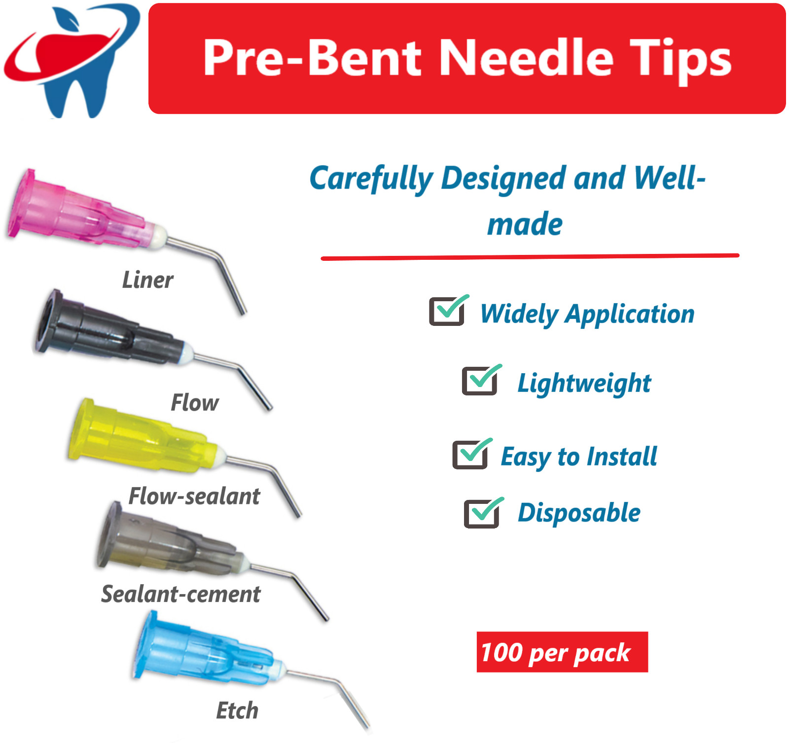 100 (Blue) Pre Bent Needle Tips for Etch – Sealant Pre-Bent needle tips 25 Ga.