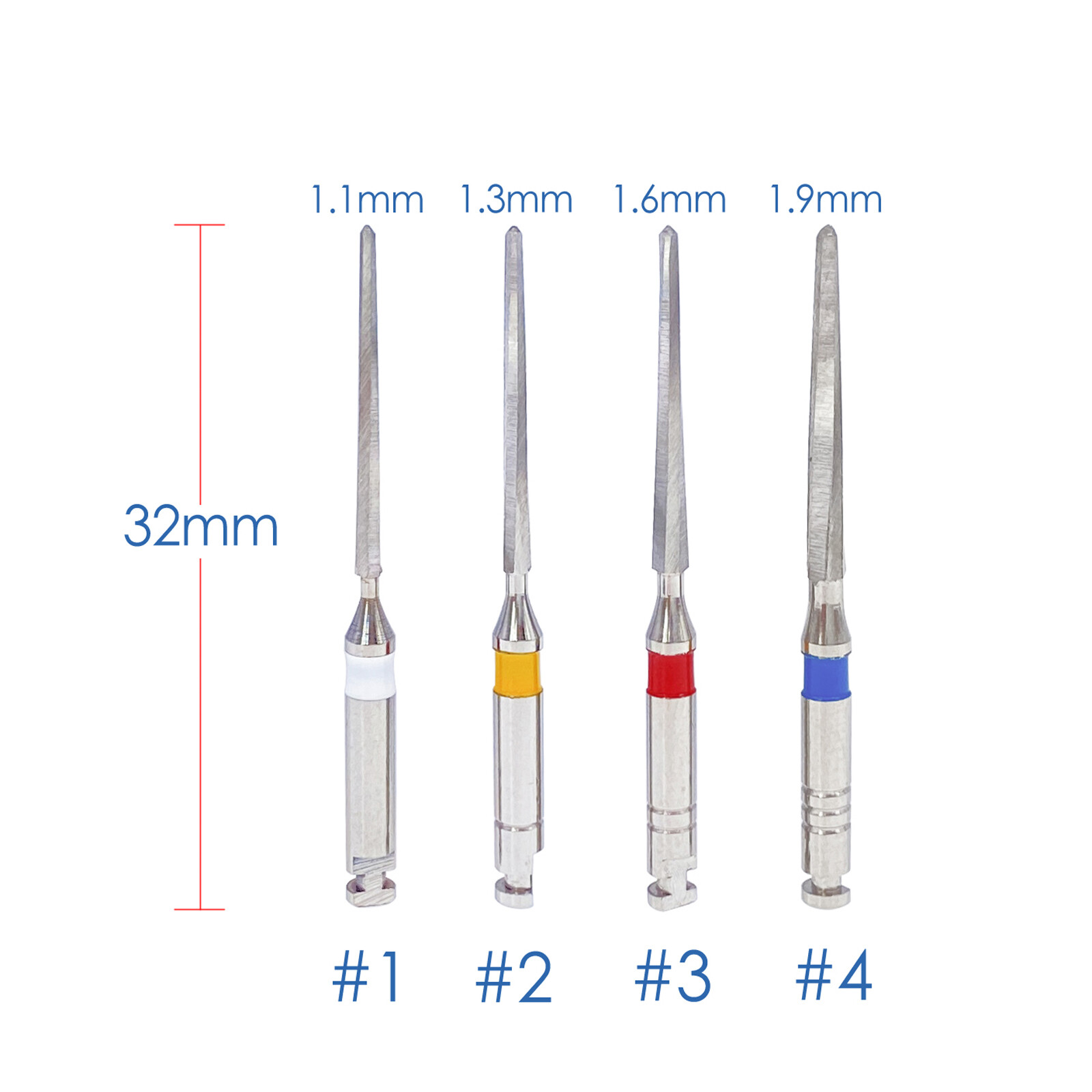 4/pk Dental Endodontic Endo Root Canal Fiber Post Drills 1.1mm 1.3mm 1.6mm 1.9mm