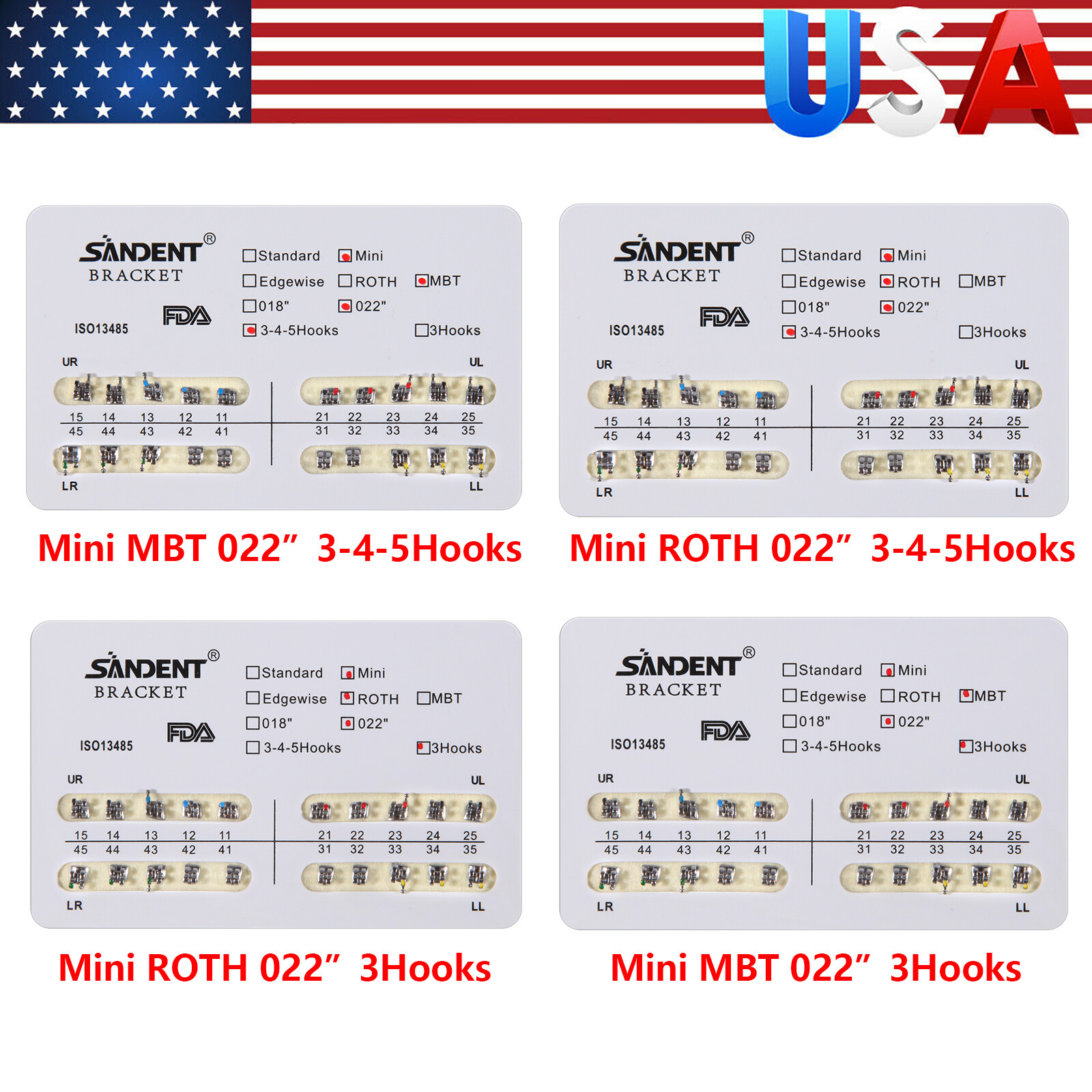 10 Packs/200pcs Dental Metal Bracket Brace Mini Roth / MBT Slot 022 345/3 Hooks