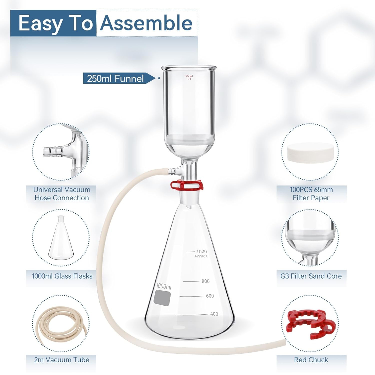 Lab Vacuum Pump+1000ML Lab Filtering Funnels Vacuum Filtration Kit+250ml Funnel