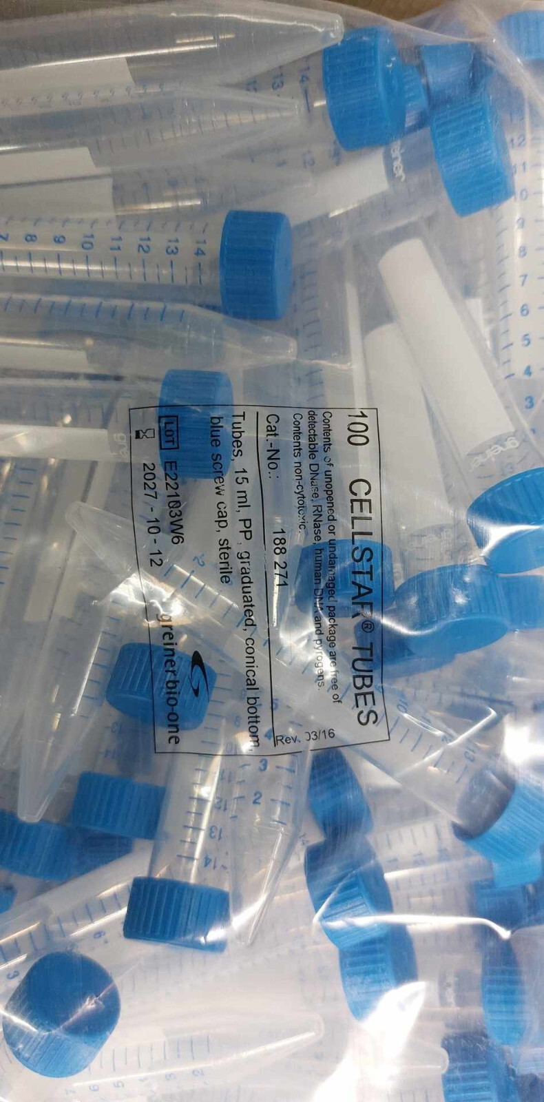 (Multi-Pack) Greiner Bio-One 188271 Polypropylene Centrifuge Tube 15 ml, Sterile