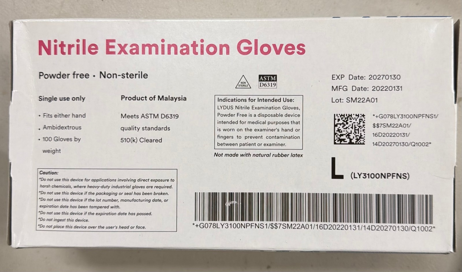 Lydus Nitrile Examination Gloves, Powder Free Non-Sterile, 100 ct Medium