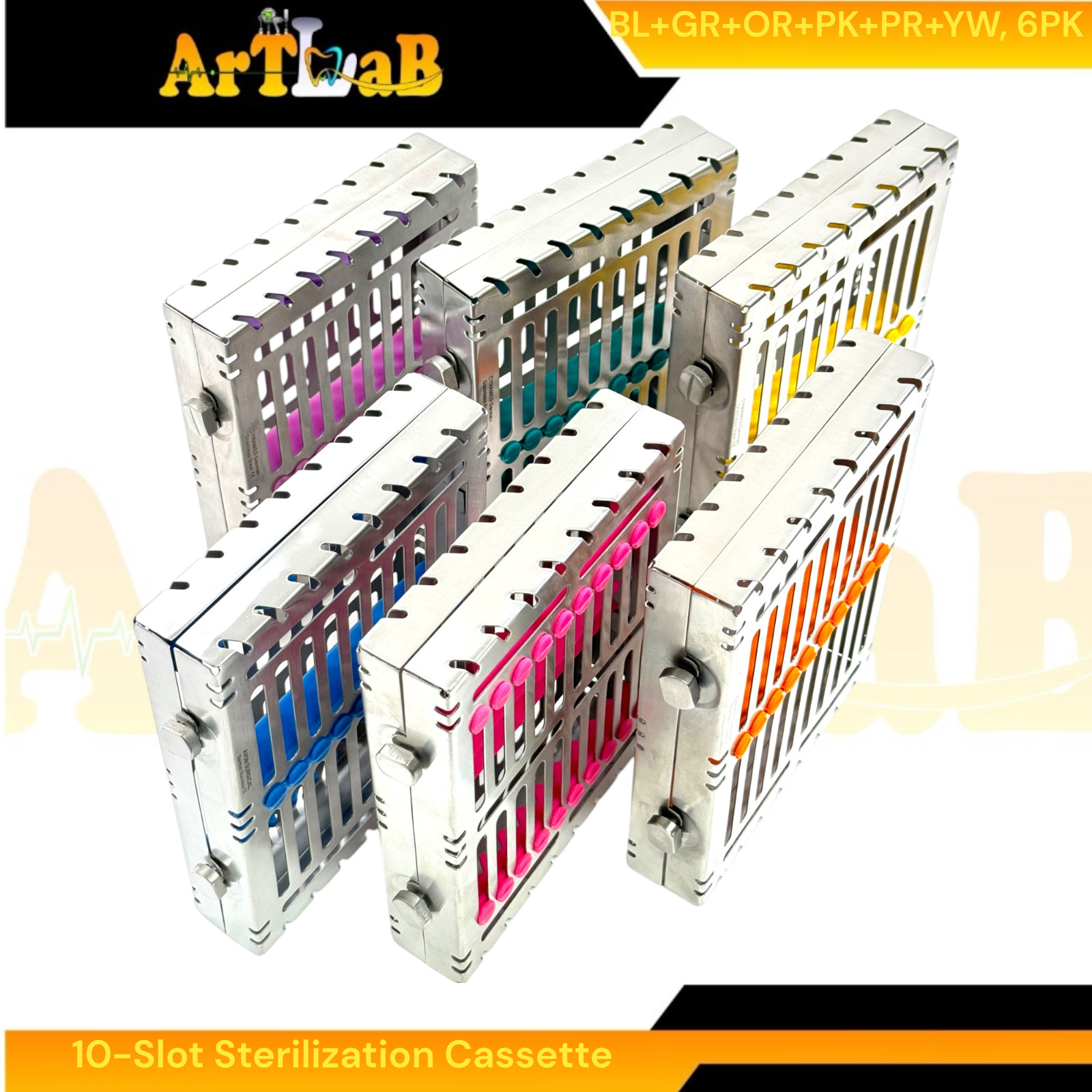 6 Count – Sterilization Cassettes for 10 Instruments, Detachable, 2-Button Lock