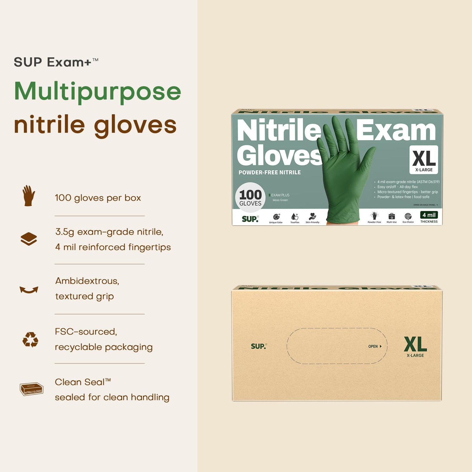 SUP Nitrile Gloves, 100 Count, Food Safe, Latex~Free, Green, X~Large