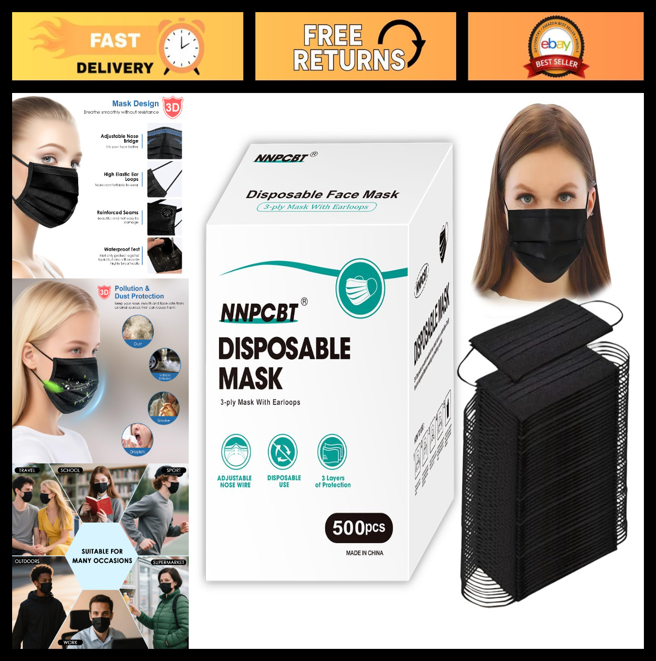 500PCS 3-Ply Black Disposable Face Masks – Filter Protection, Breathable, Comfor