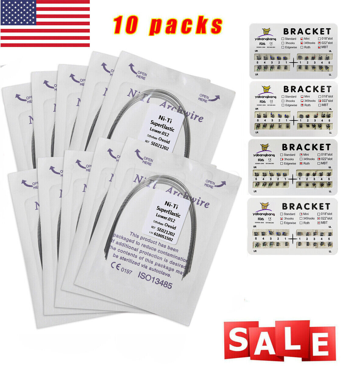10pack Dental Orthos Bracket Braces Roth/MBT 022 Slot 3/3-4-5Hook/1pack Archwire