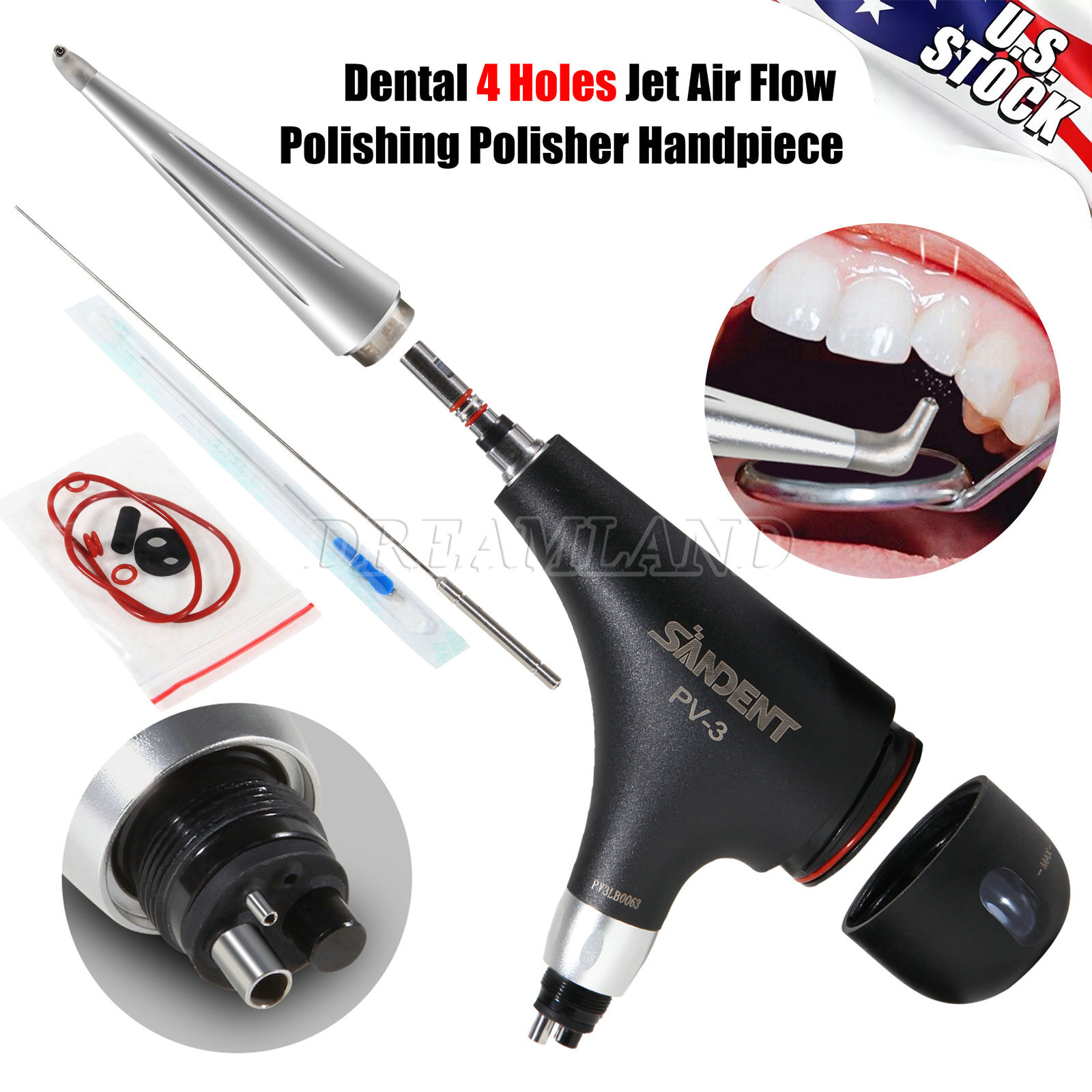 Dental 4 Hole Air Prophy Flow Teeth Polishing Polisher Handpiece Hygiene PV3 BLA