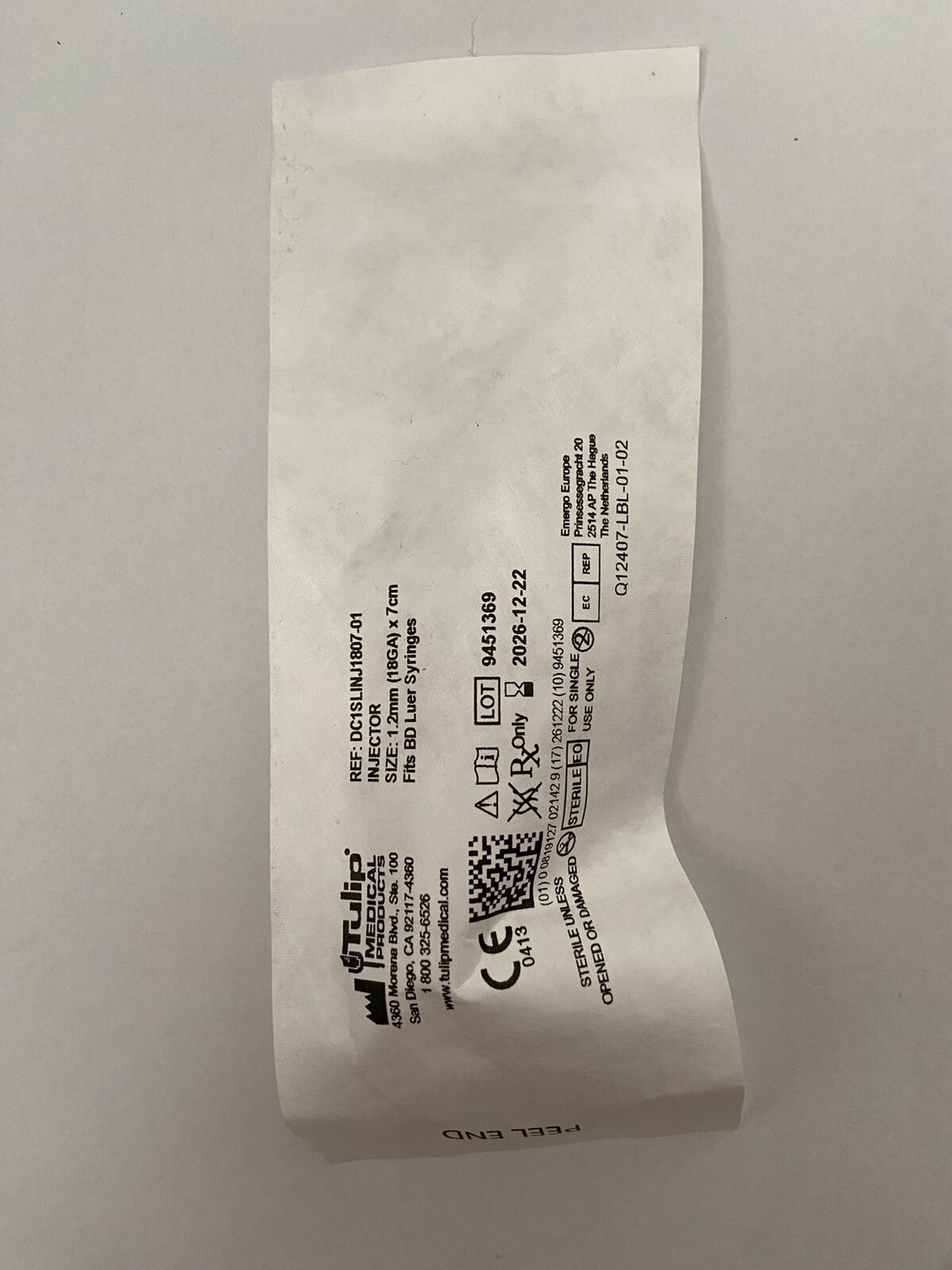 DC1SLINJ1807-01 Injector, Tulip, size:1.2mm(18GA) x 7cm, Fits BD Luer Syringes