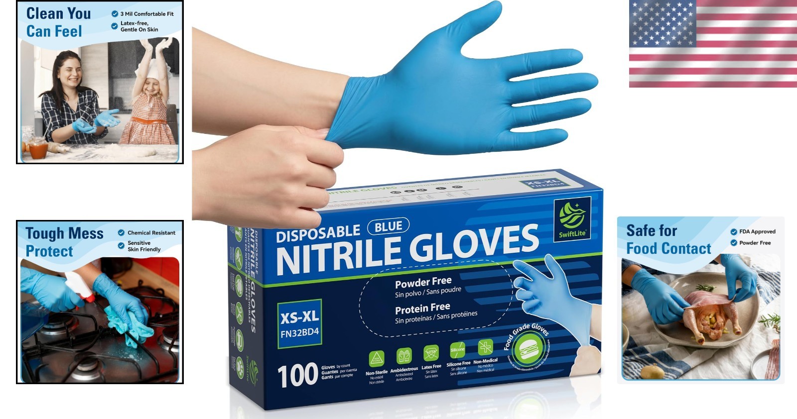 Medium Blue Disposable Nitrile Gloves – 100 Pack, Chemical Resistant, Food Safe