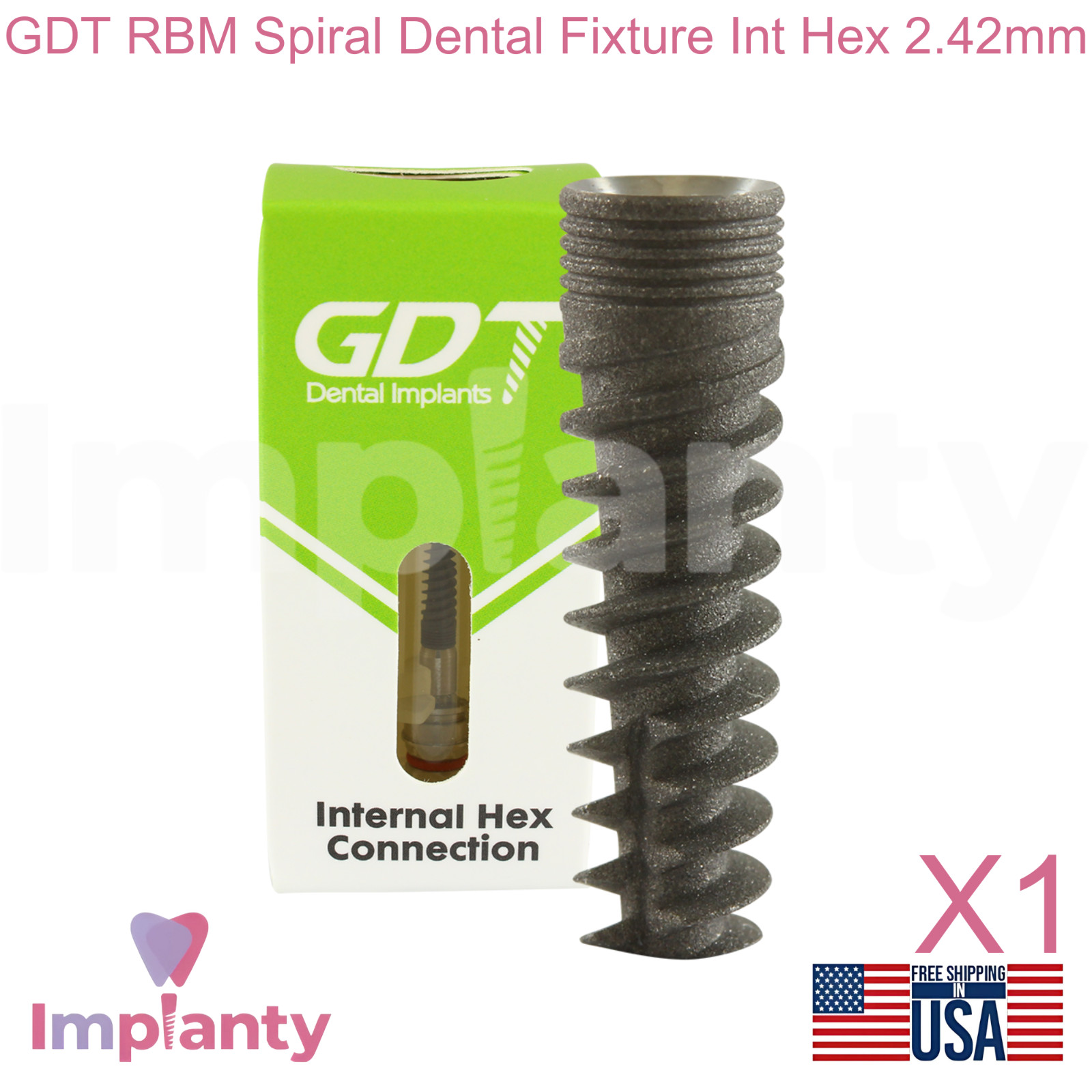 GDT RBM Spiral Dental Fixture Int Hex Hex 2.42mm Slim Platform 2.0mm Sterile