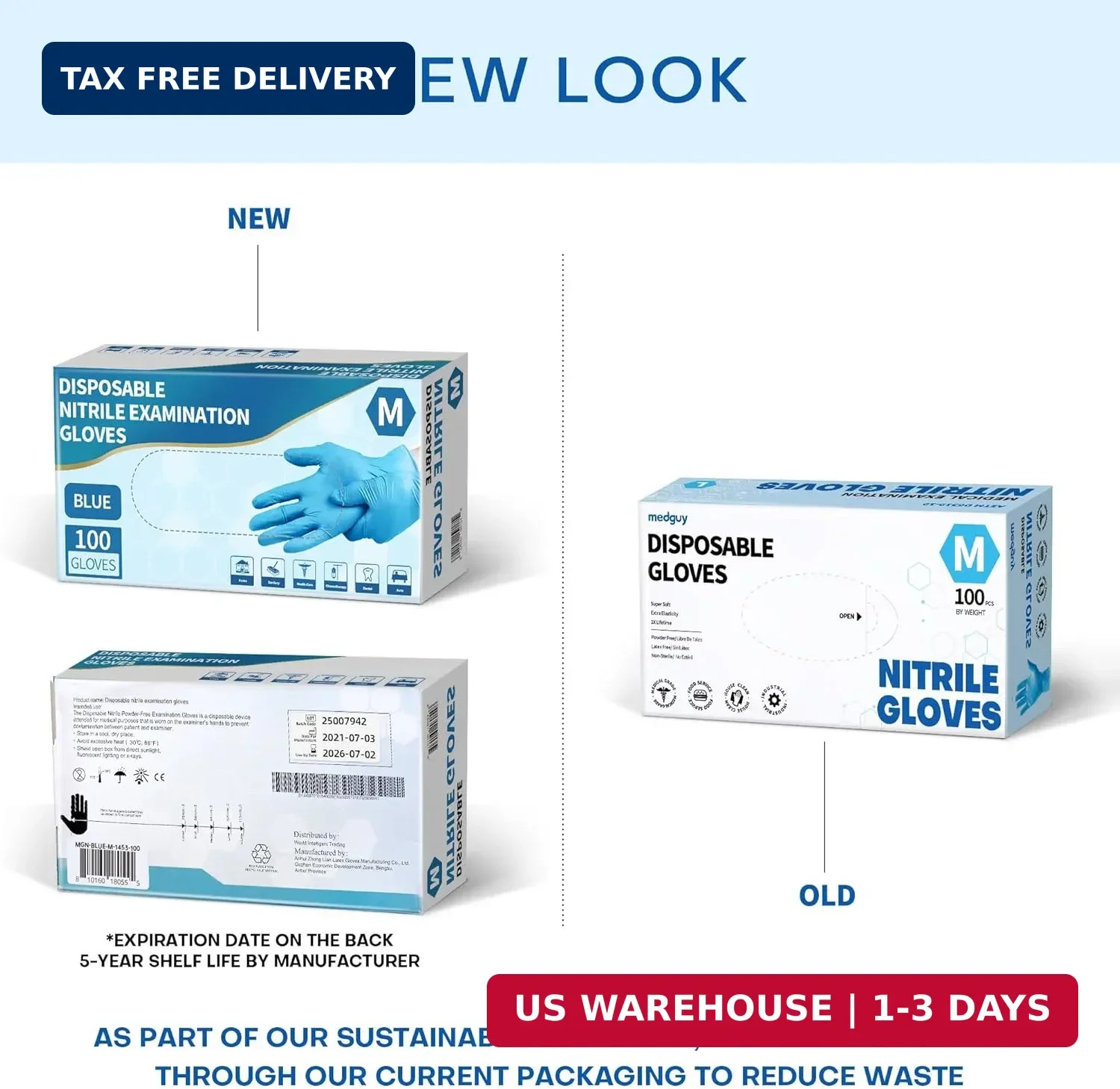 Medguy Medical Blue Nitrile Disposable Exam Gloves, 4.5 Mil 100 Pcs Powder-Free