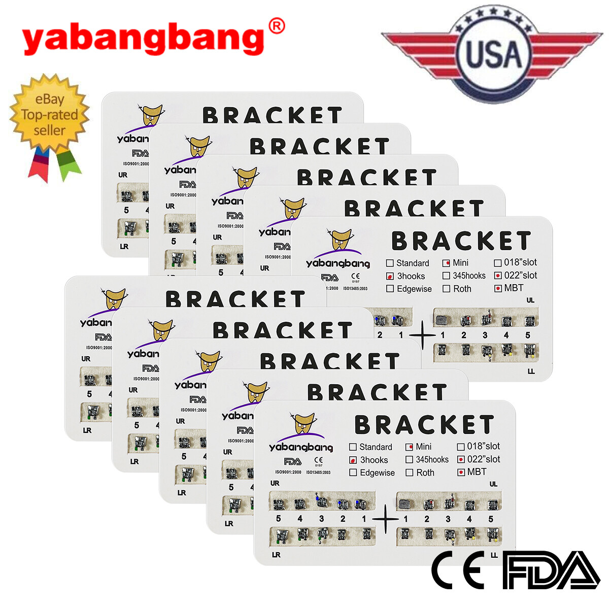 10 Packs Dental Orthodontic Metal Braces Brackets Mini MBT 022″Slot 3 Hooks YBB