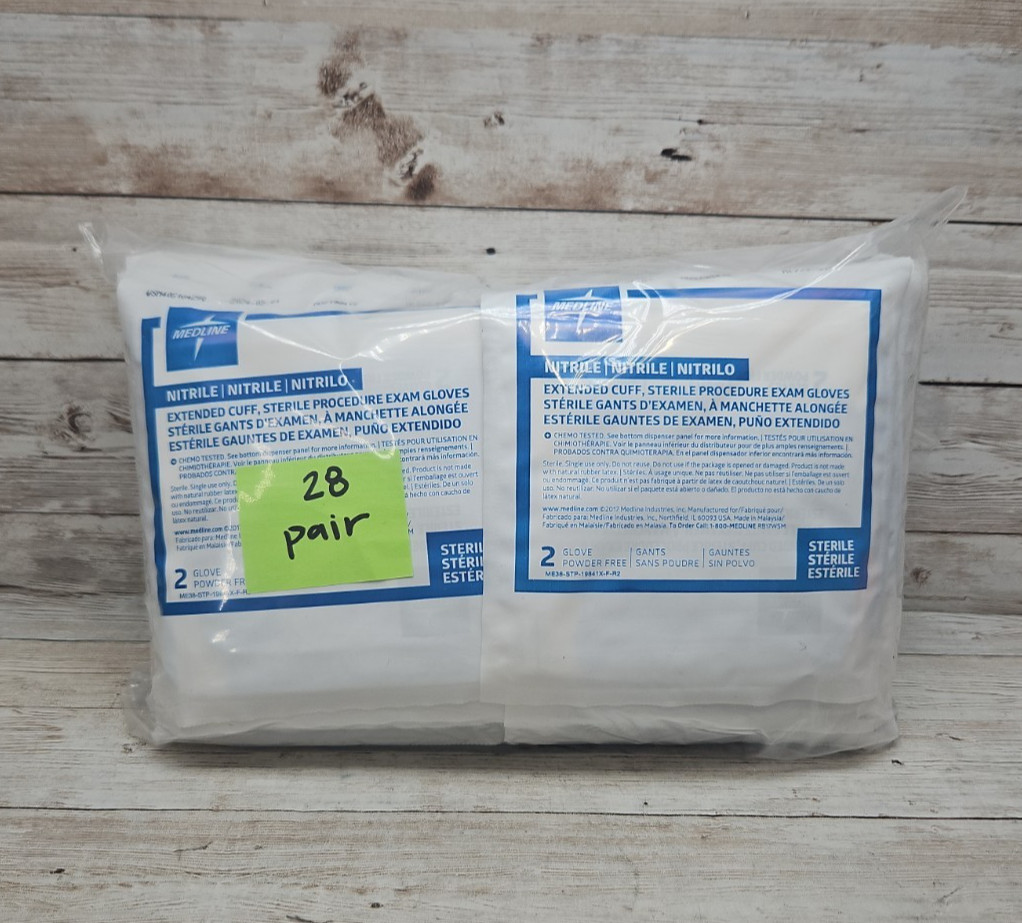 MEDLINE Nitrile Exam Gloves Extended Cuff *28 Pair* Sterile Size: Medium