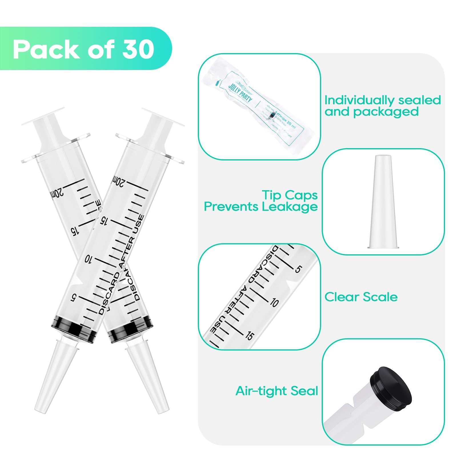 30 Pack 20mL Syringes, Plastic Syringes with Catheter Tip clear