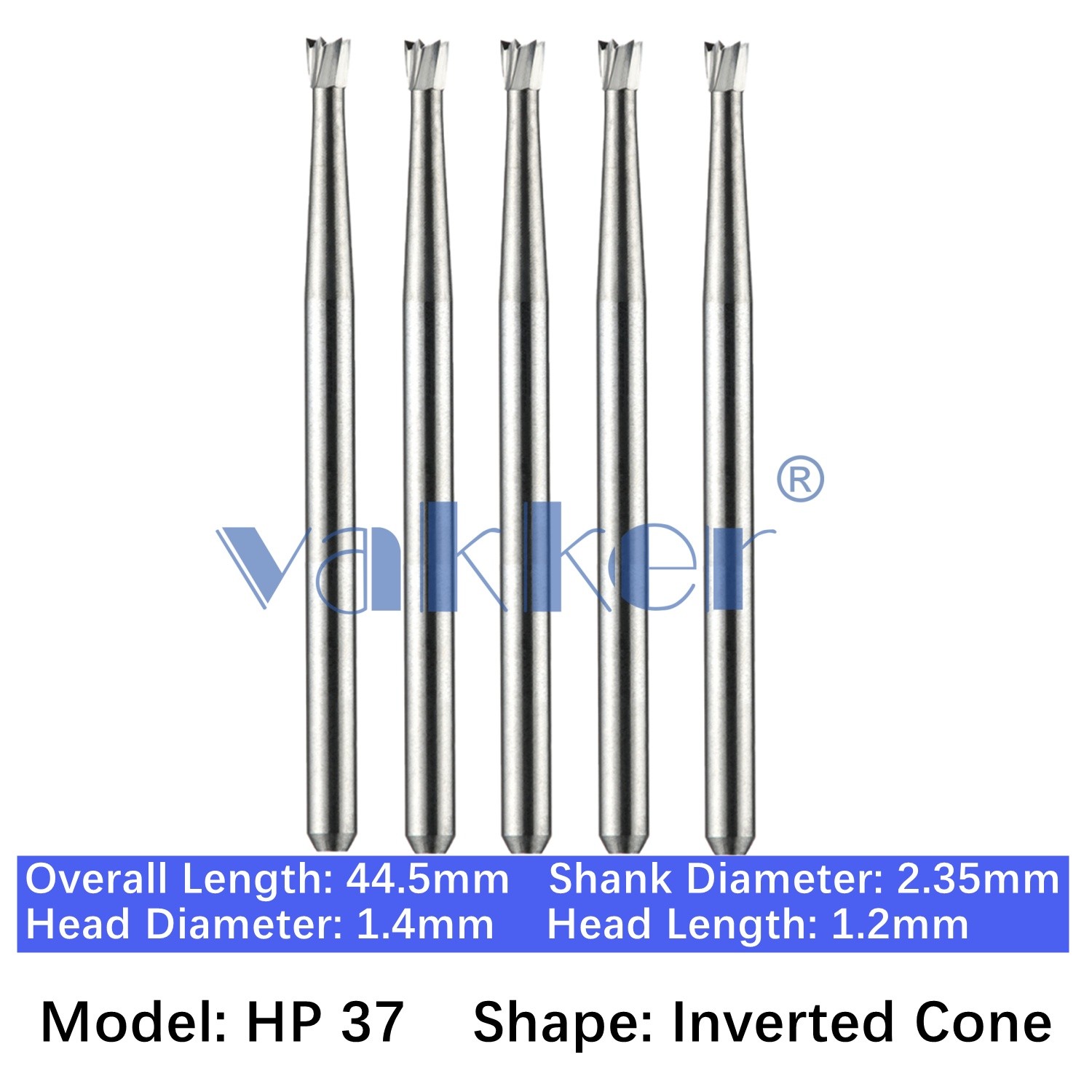 5/pk Vakker Dental HP Carbide Burs 44.5mm Long Inverted Cone Low Speed HP 37