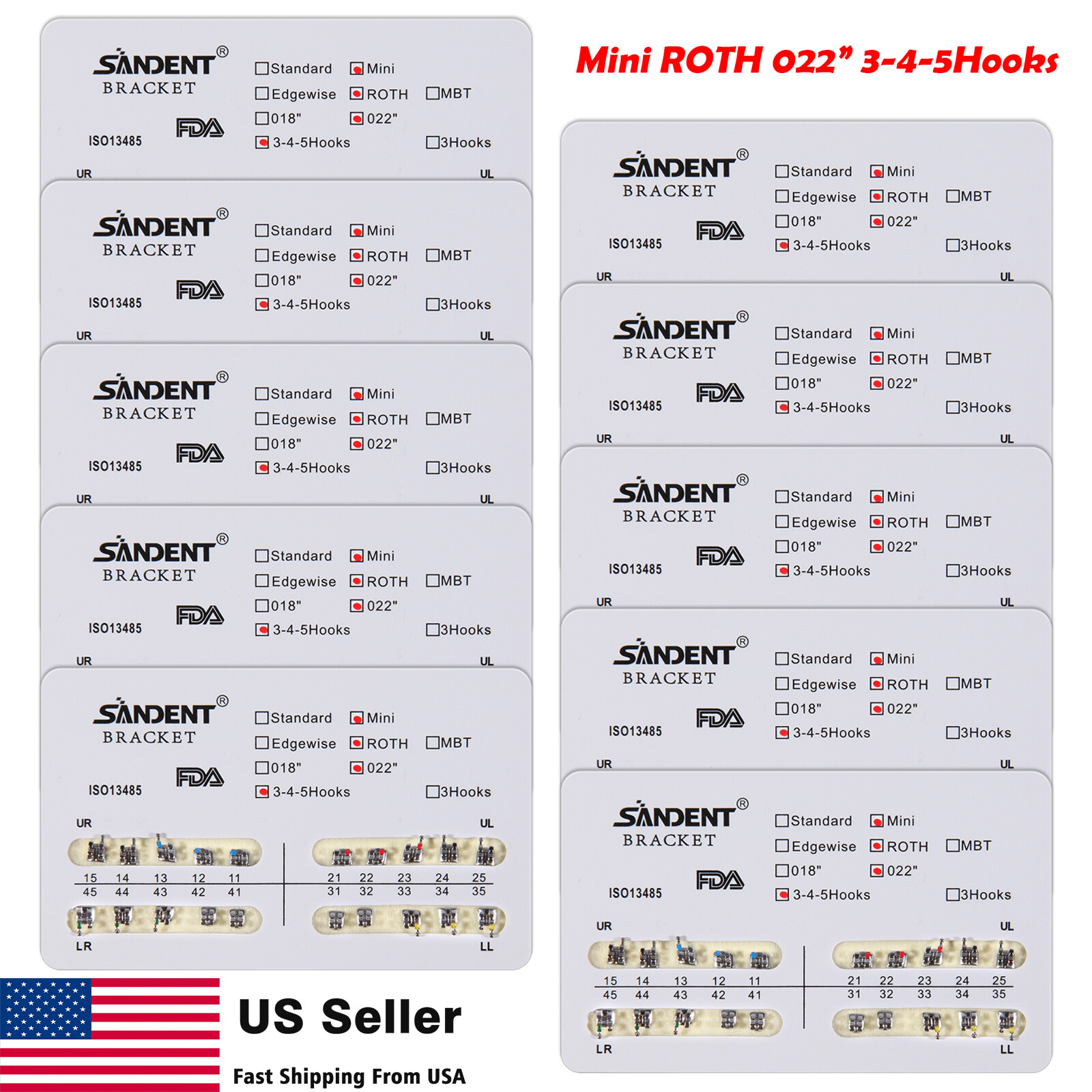 10pack Dental Orthodontic Brackets Braces Mini Roth Slot.022 3-4-5 Hook #2 200PC