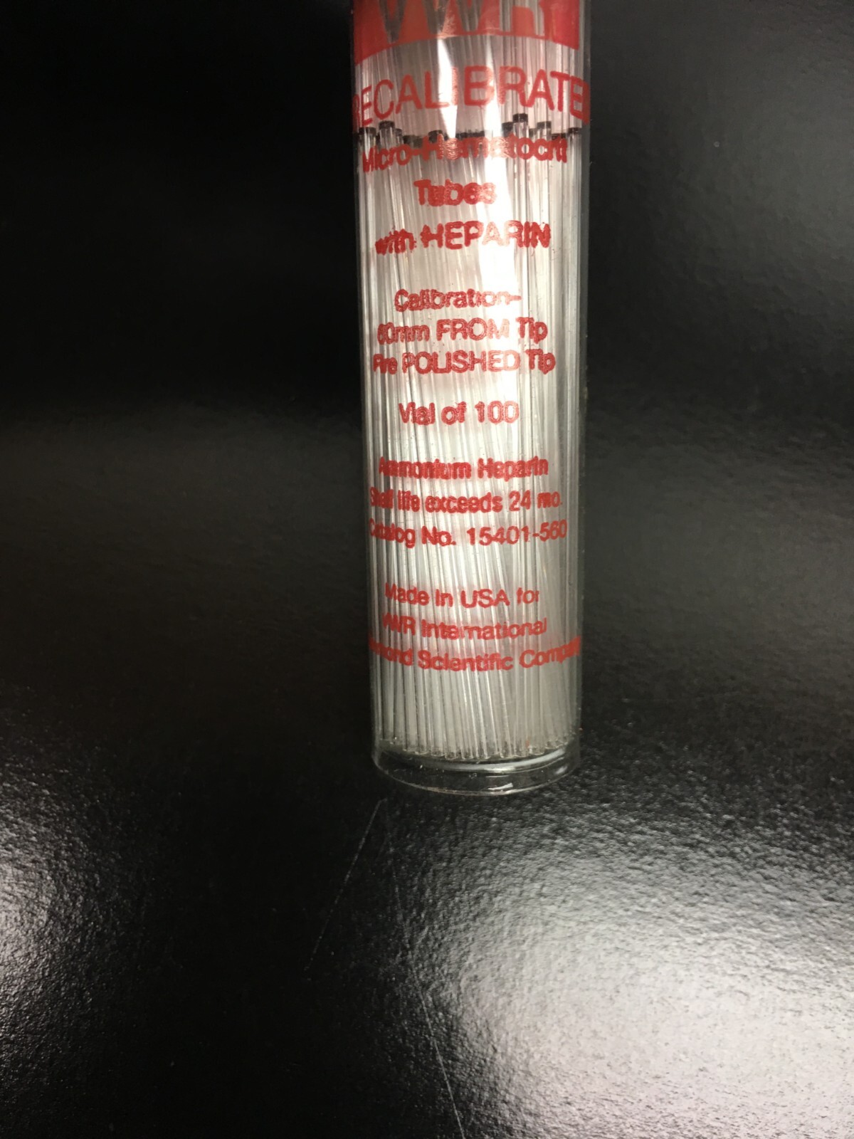 VWR Cat No 15401-560 Microhematocrit Capillary Tubes 3″ Heparin Coated 0.5-0.6mm