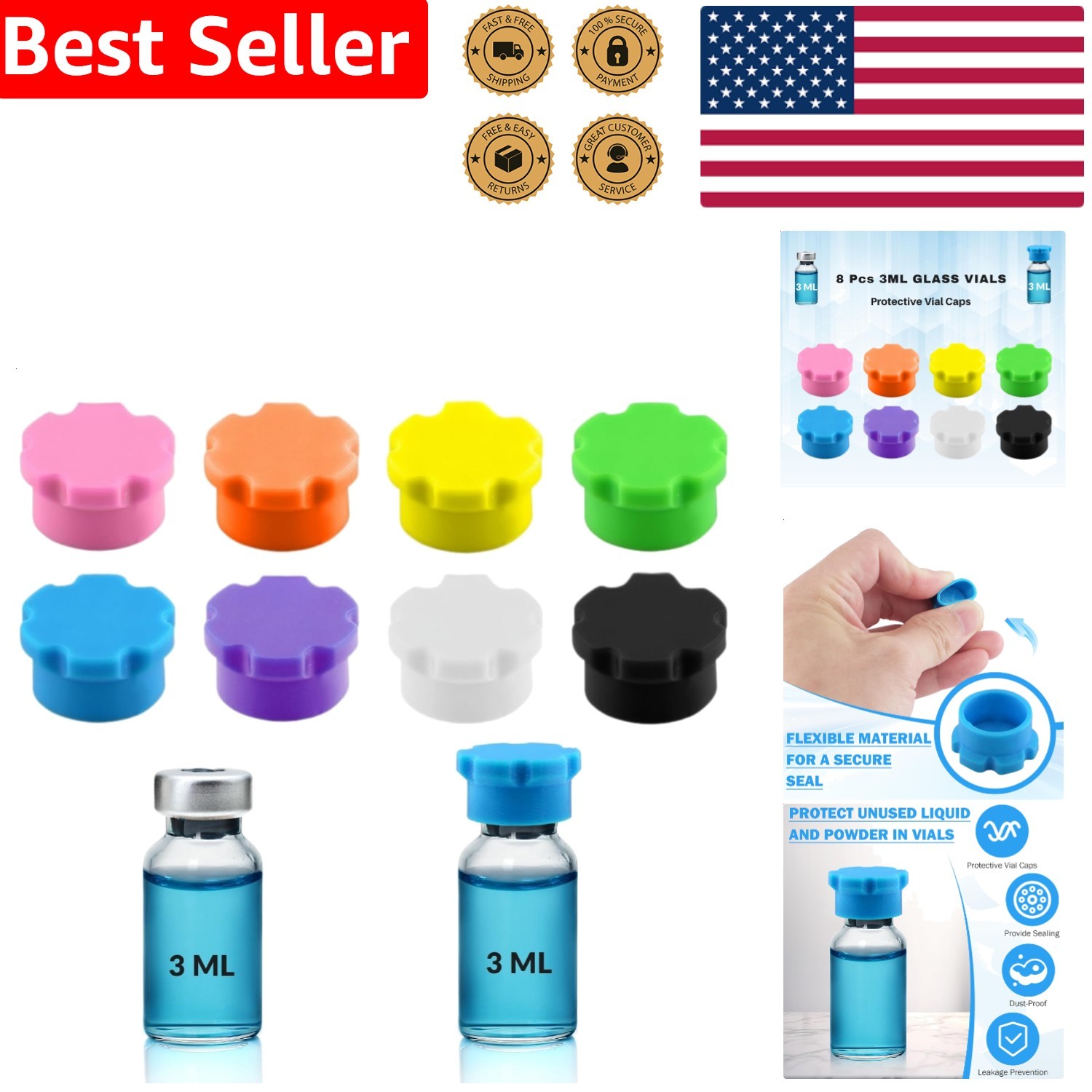 Silicone Vial Caps 3ml Glass Reusable Peptide Storage 8 Colors Leak-Proof Covers