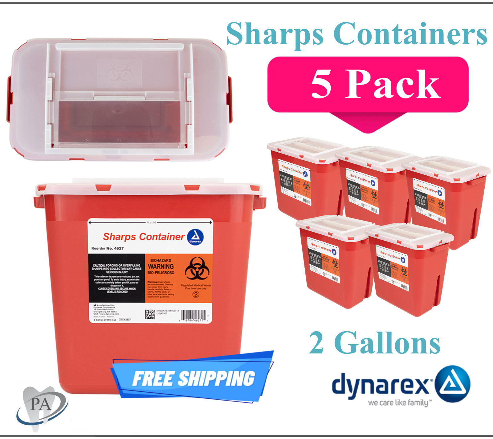 Sharps Container 2 gal. Biohazard Needle and Syringe Disposal with Lock Lid 5/Pk