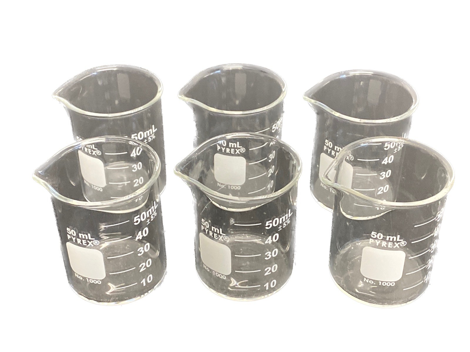 (6) CORNING PYREX Glass 50mL Low Form Graduated Griffin Beakers 1000-50