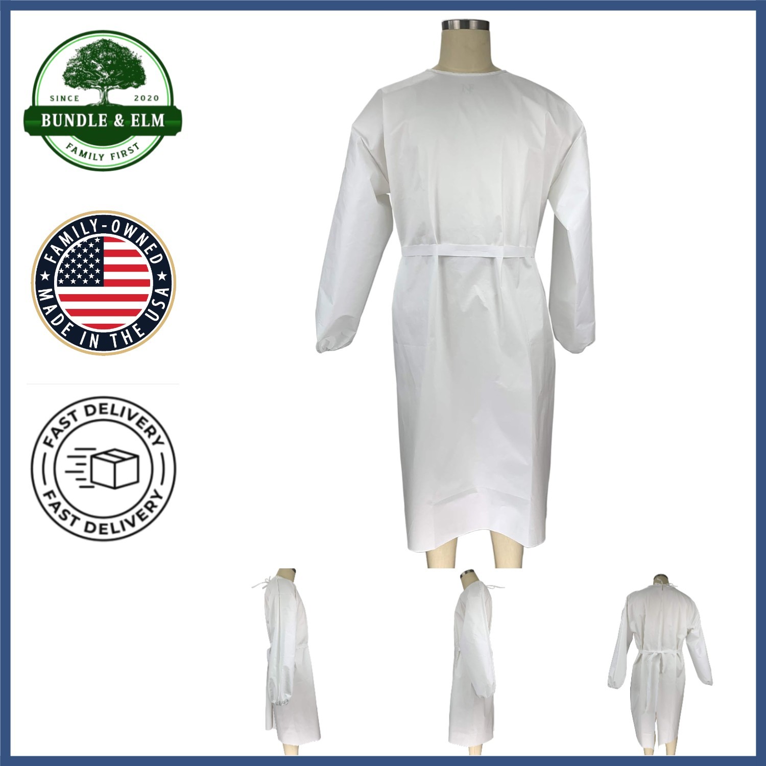 Unisex Adult Isolation Gown, Closed Back, Drawstring, Long Sleeve, Lightweight