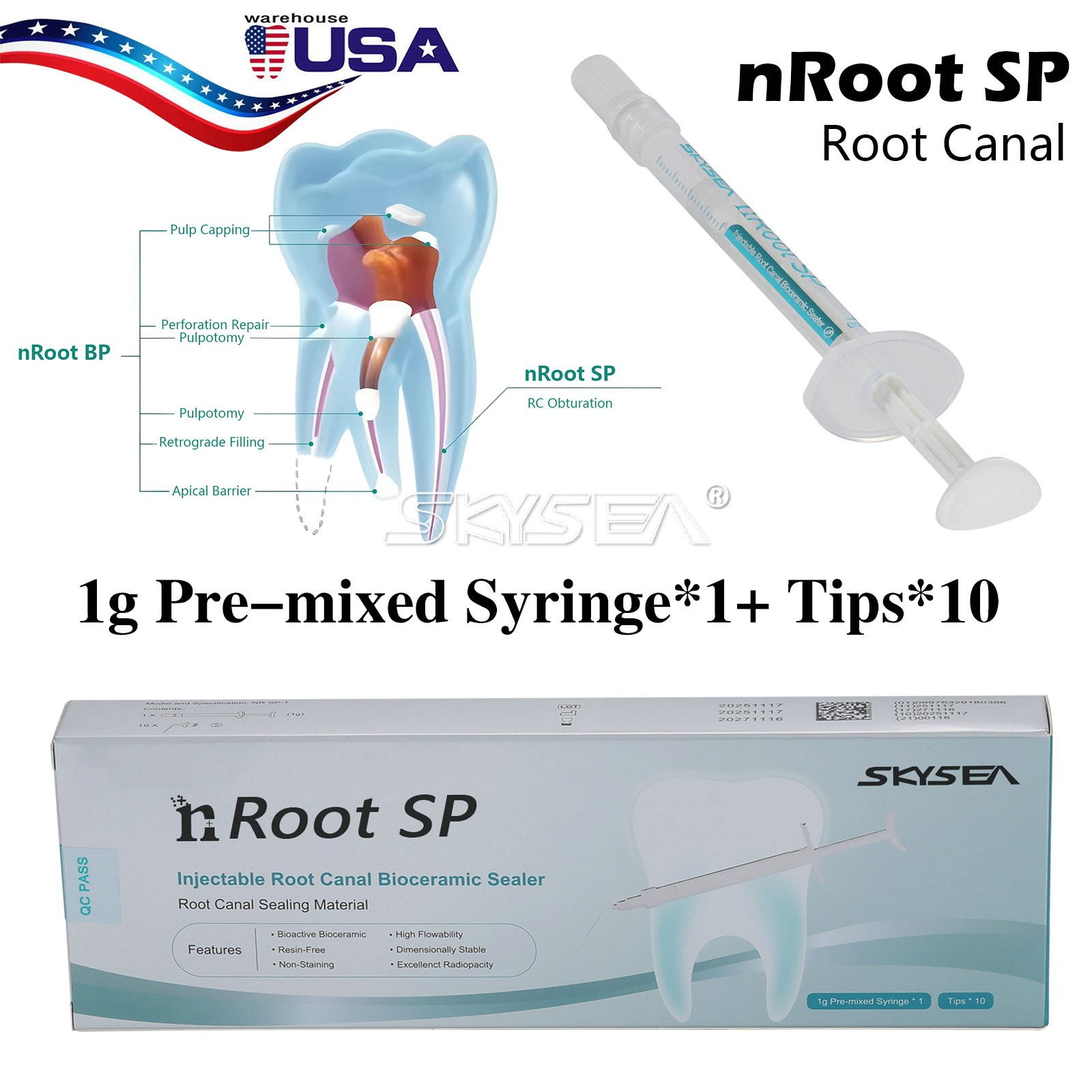 1g (nRoot SP) Dental Bioseal Bioceramic Root Canal Sealer1.0g syringe + 10 tips