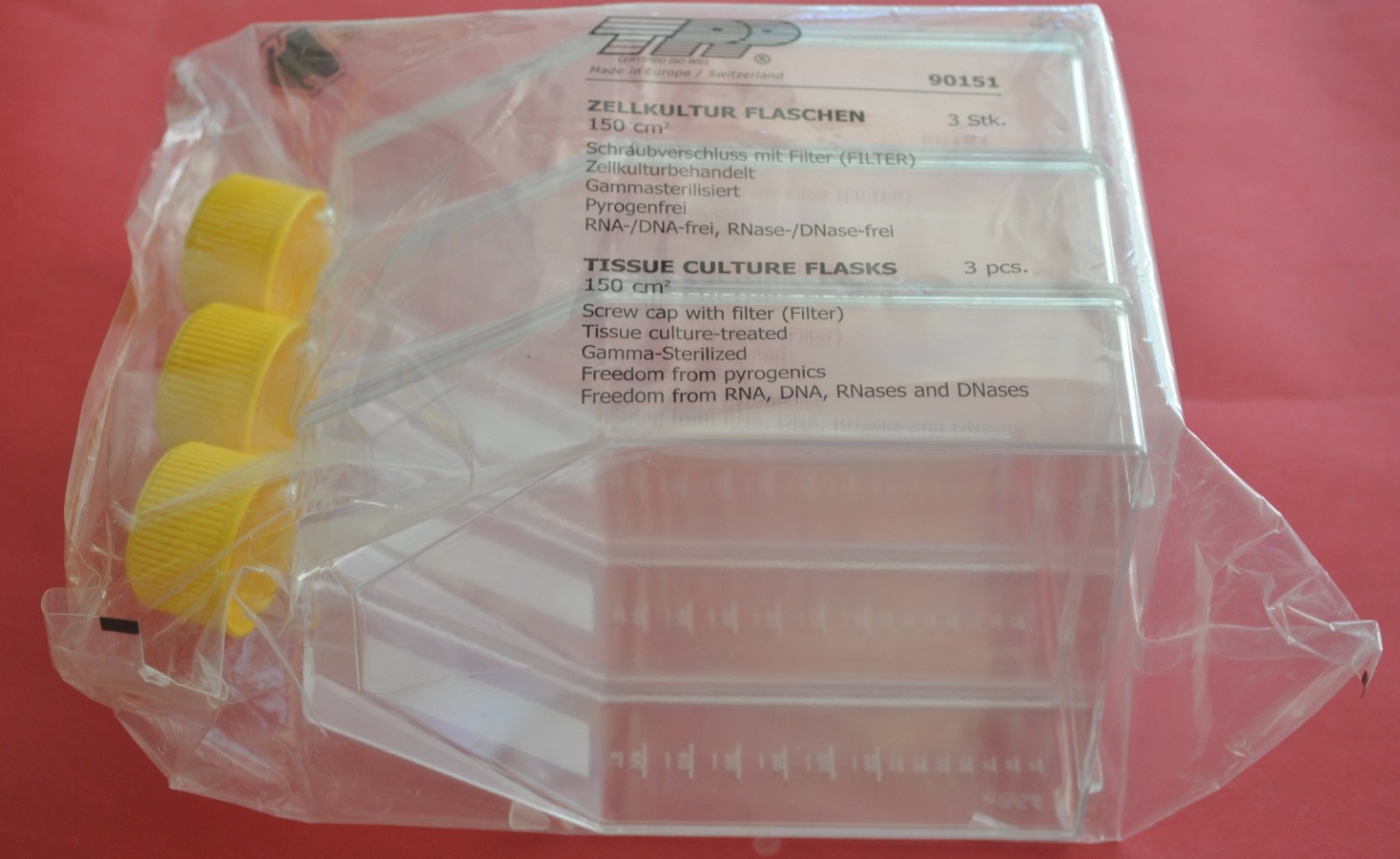 A pack of 3 TRP Tissue Culture Flask 150 cm2 with Filter Cap