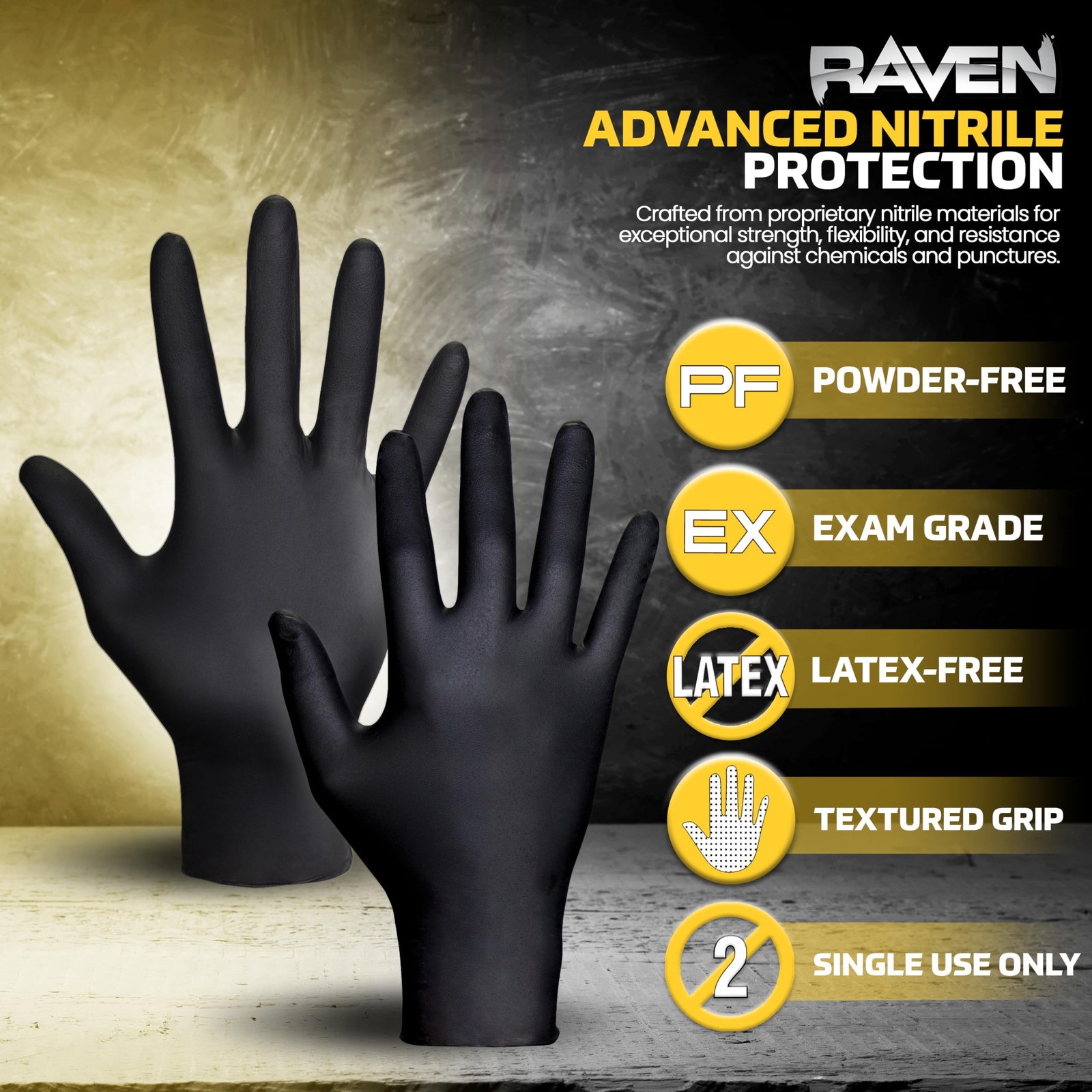 Raven SAS66518 Safety Powder Free Examination Black Nitrile Gloves – 7 Mil Large