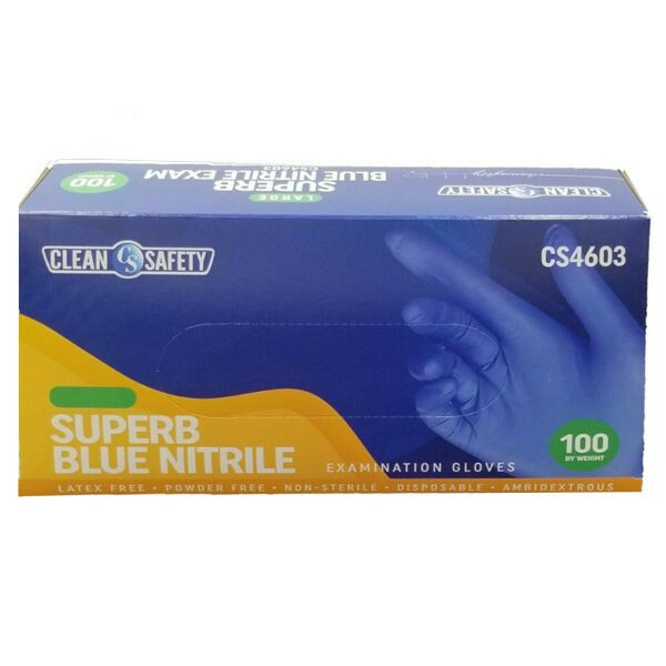 Clean Safety SuperB Blue Nitrile Exam Gloves, Powder Free, 4 Mil, Sizes M-XL
