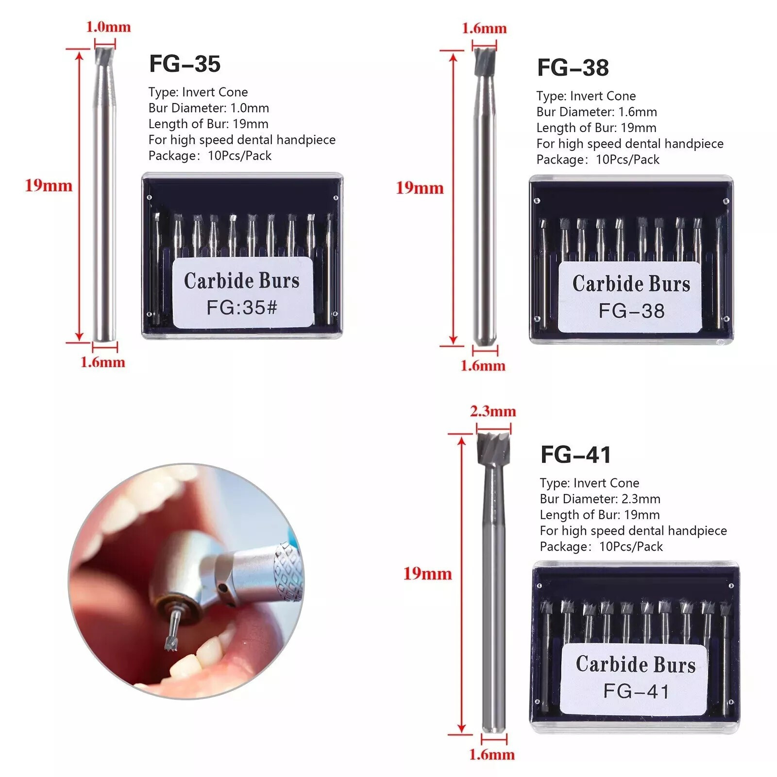 Dental FG Tungsten Carbide Burs Inverted Cone For High Speed Handpiece FG 33-41