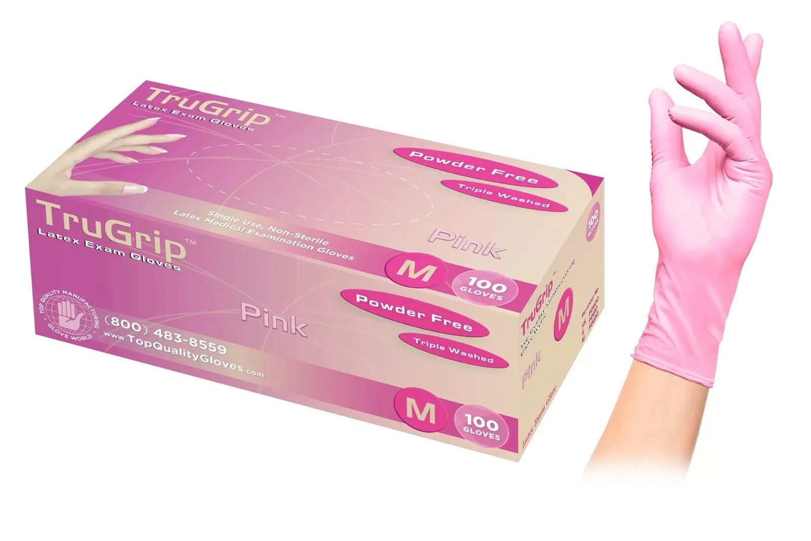 TruGrip Pink Medium Latex Exam Gloves Powder Free 100 Size M