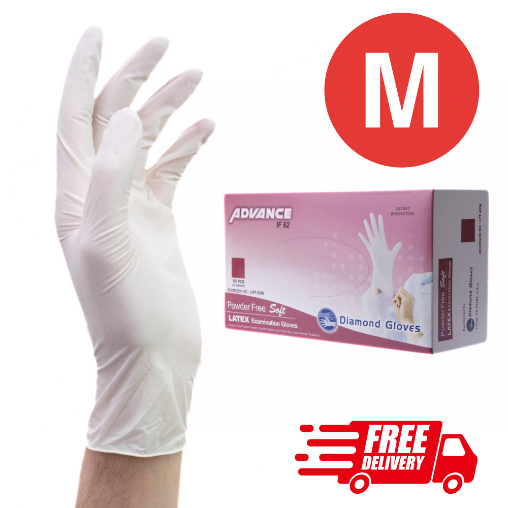 100 MEDIUM Advance IF62 Latex Exam Gloves White Powder-Free Textured Non-Sterile