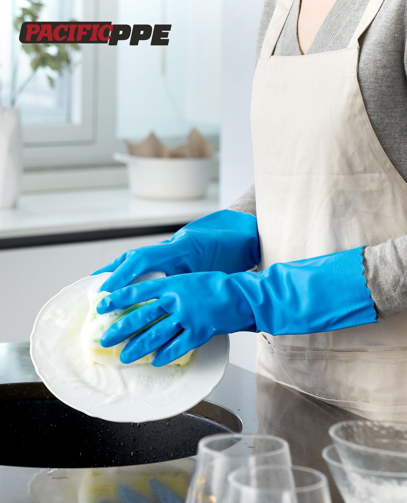 PACIFIC PPE Reusable Dishwashing Gloves, Latex Free, Cotton Lining, Blue, M