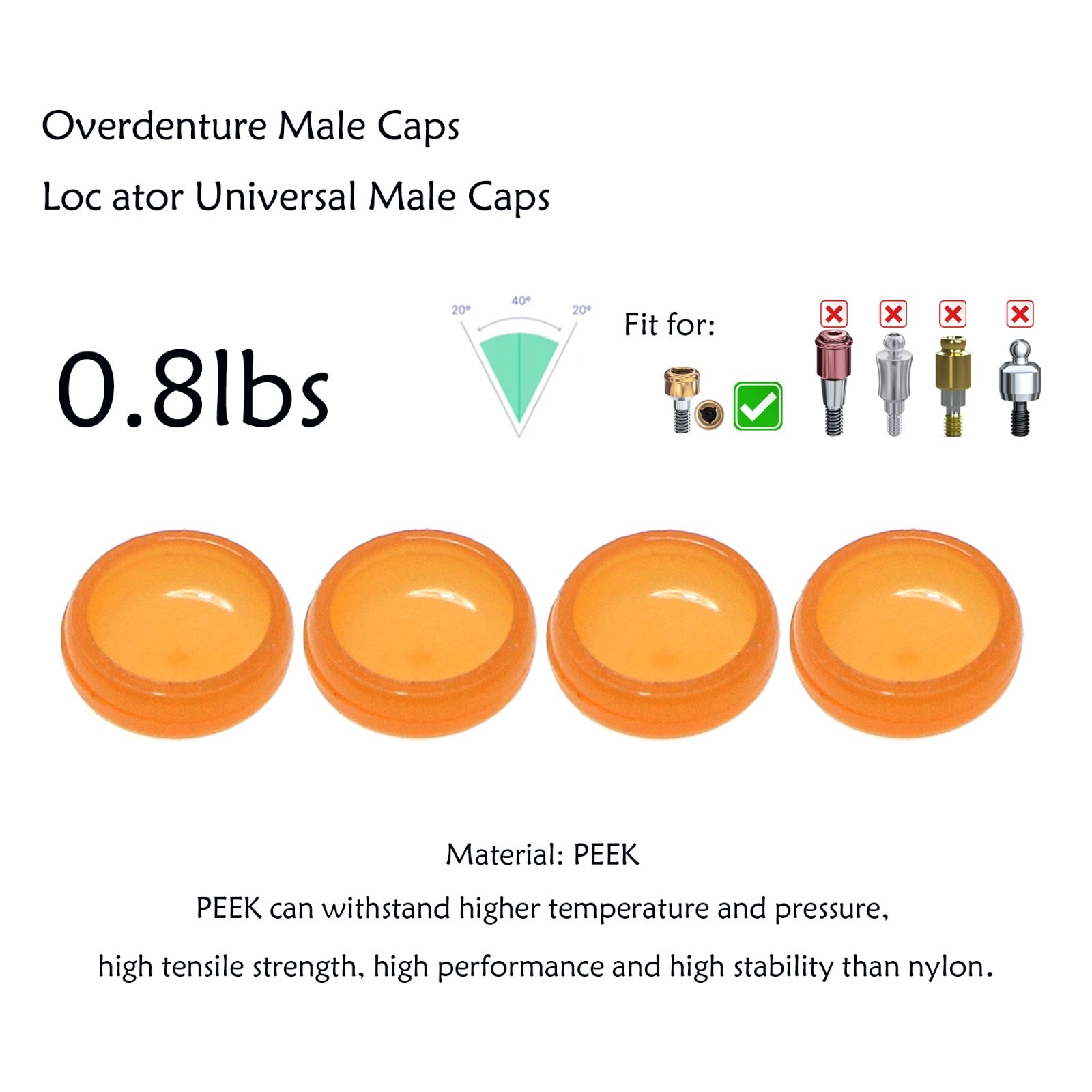 Universal Locator Processing Male Cap 4pcs/set PEEK Overdenture Retention Insert