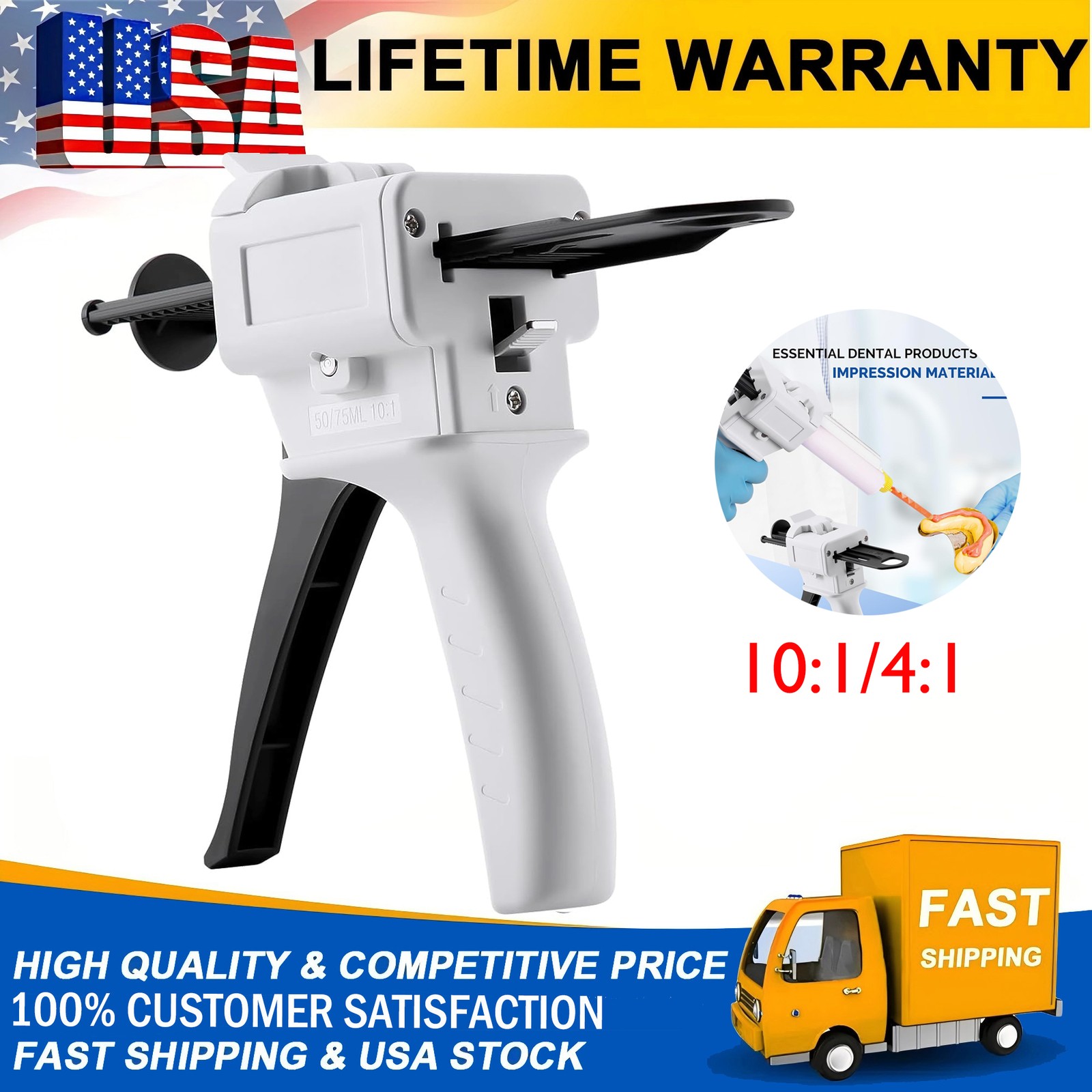 10:1/4:1 Dispenser Gun Dental 50ml Dispensing Gun Kit Impression Mixing AB Gun