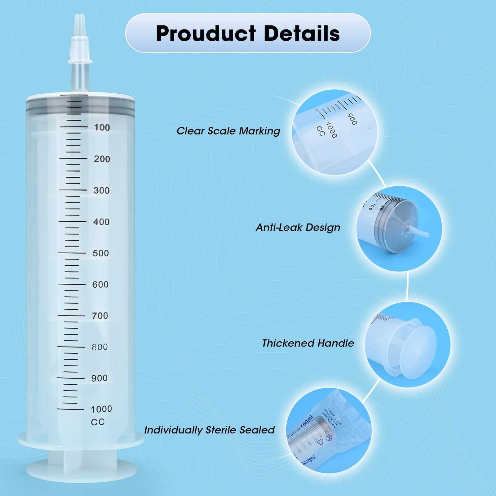1000mL Syringe for Liquid, Large Plastic with Tip Adapter, clear